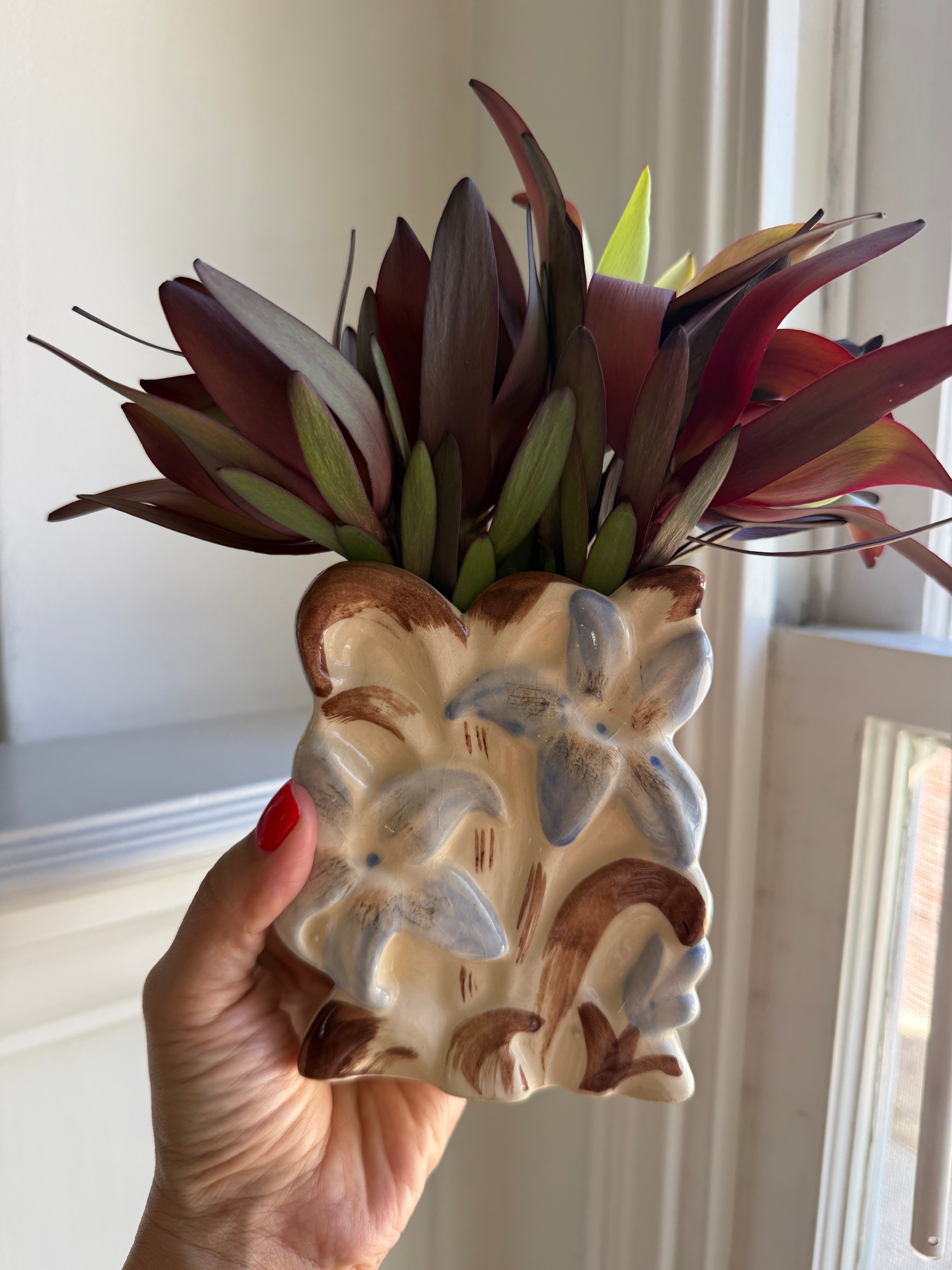Floral Wall PocketVintage Mid-Century Ceramic Floral Wall Pocket Vase, Blue & Brown Raised Flowers