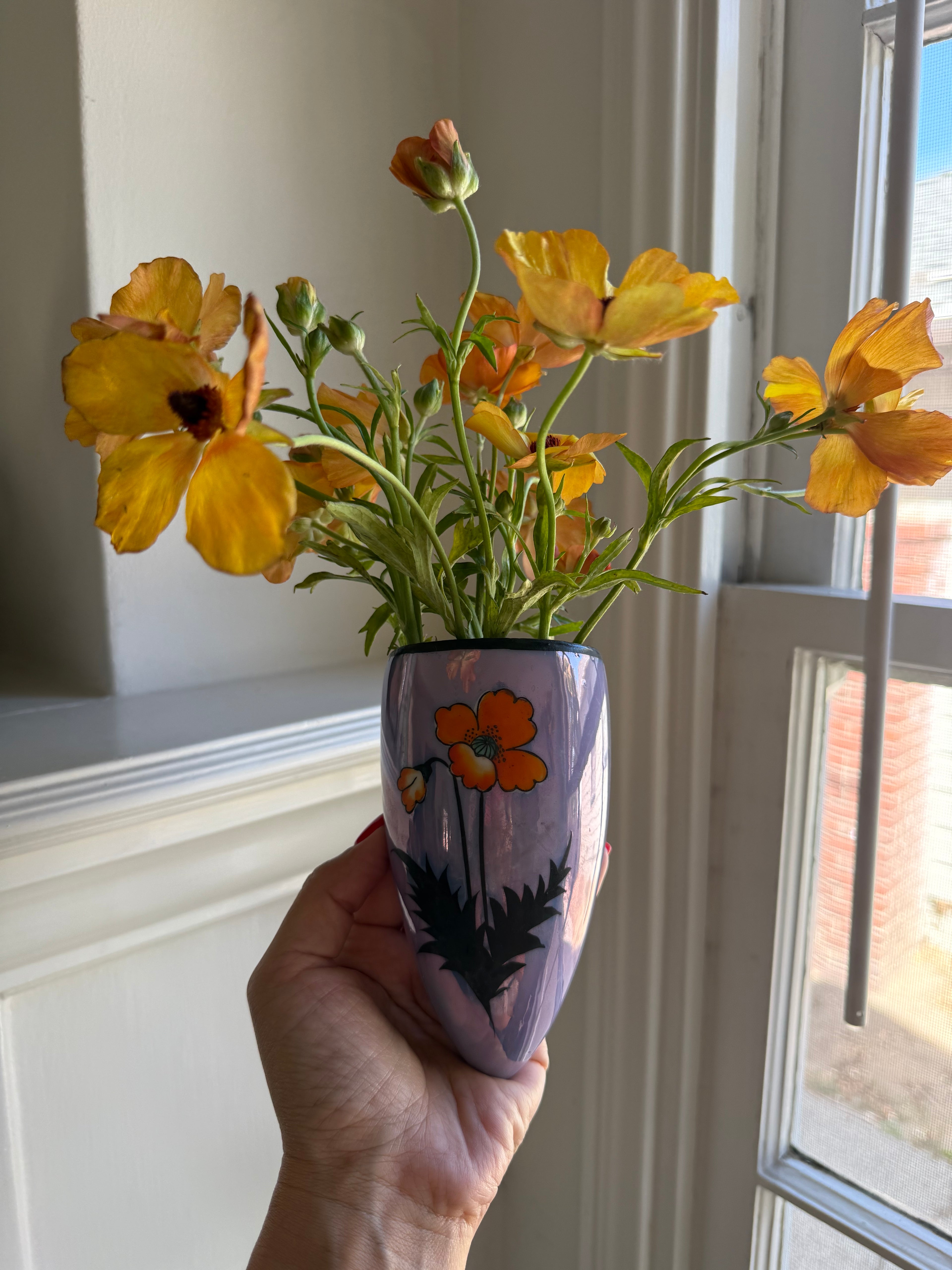 Vintage 1930s Seiei & Co. Japanese Lusterware Art Deco Wall Pocket Vase, Poppy Pattern