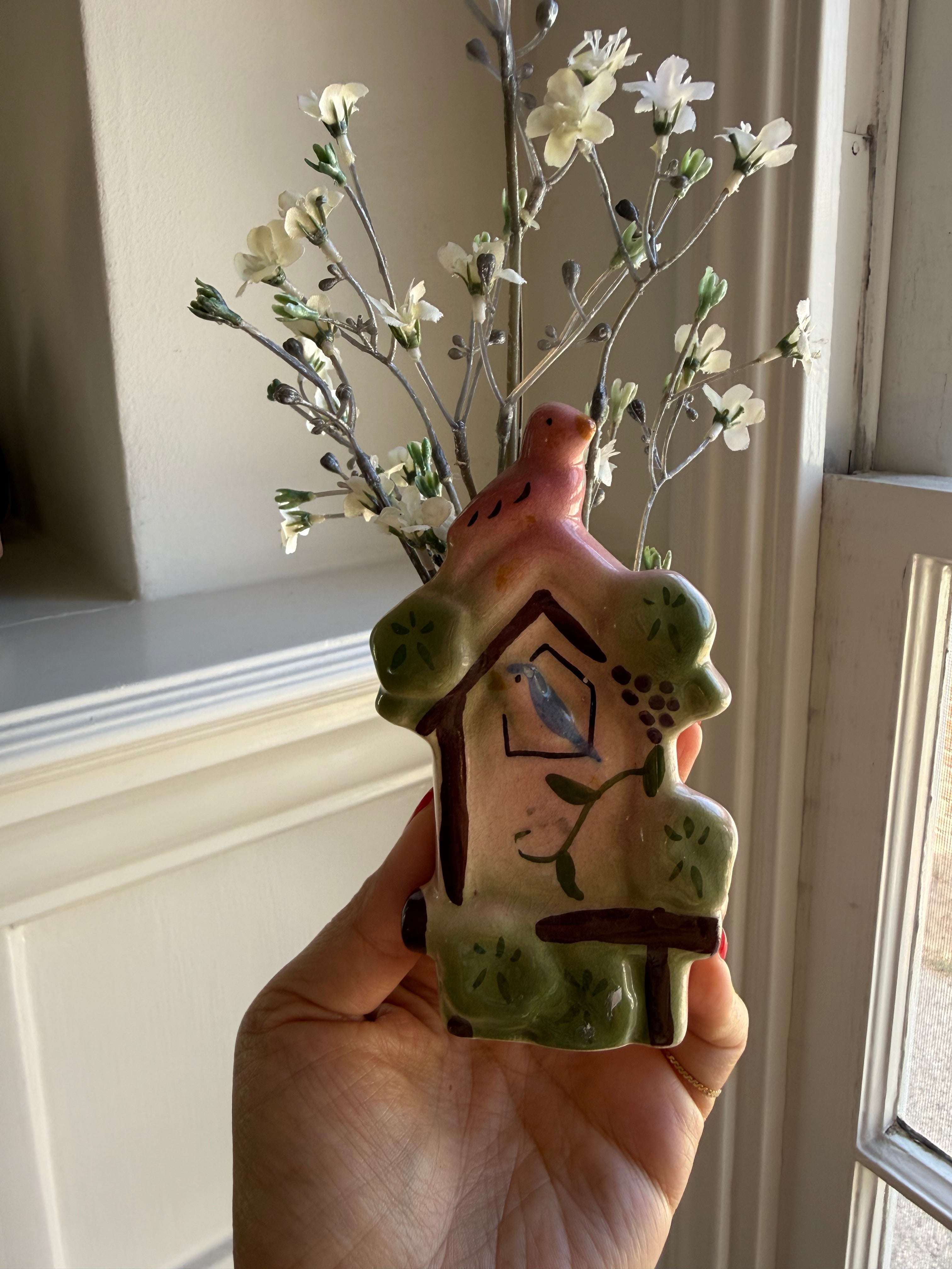 Vintage Mid-Century Birdhouse & Bird Ceramic Wall Pocket Vase