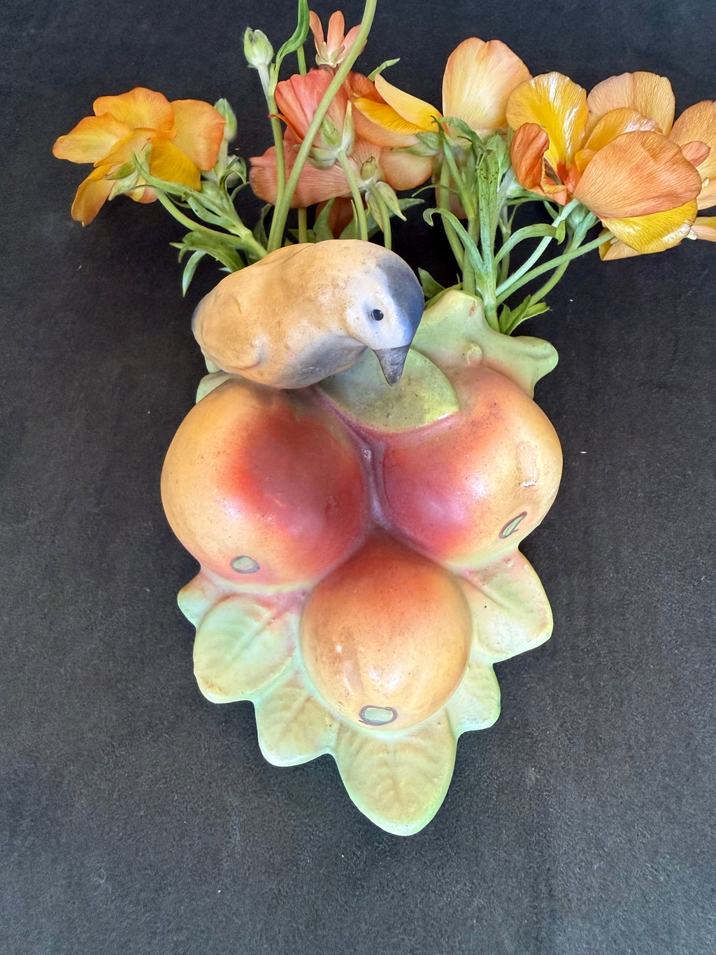Vintage 1920s–30s Czechoslovakia Bird & Fruit Ceramic Wall Pocket Vase, Red Dime Mark #5860