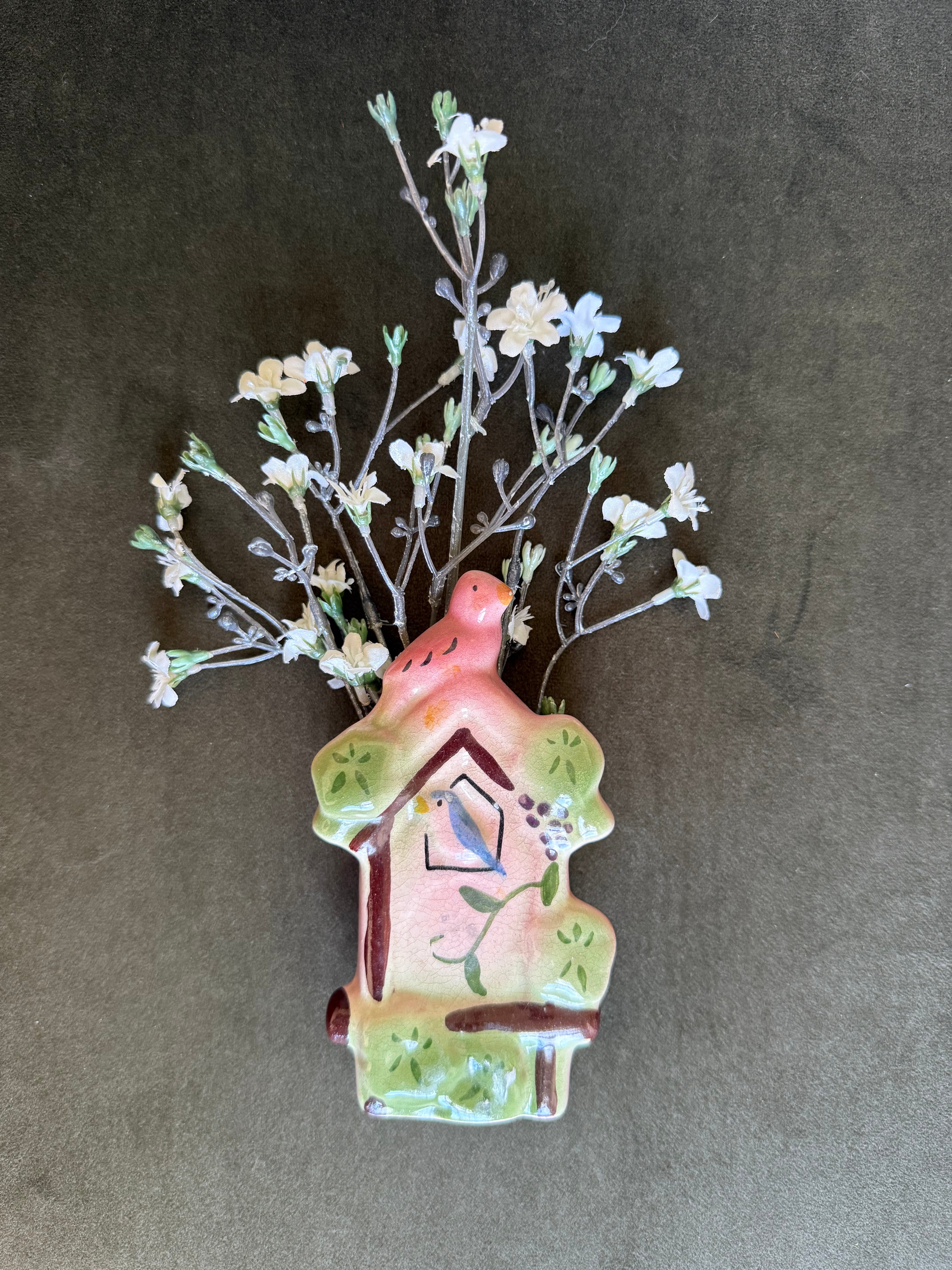 Vintage Mid-Century Birdhouse & Bird Ceramic Wall Pocket Vase