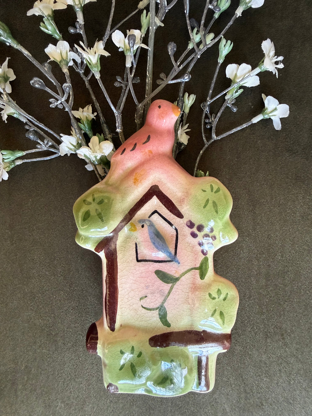 Vintage Mid-Century Birdhouse & Bird Ceramic Wall Pocket Vase