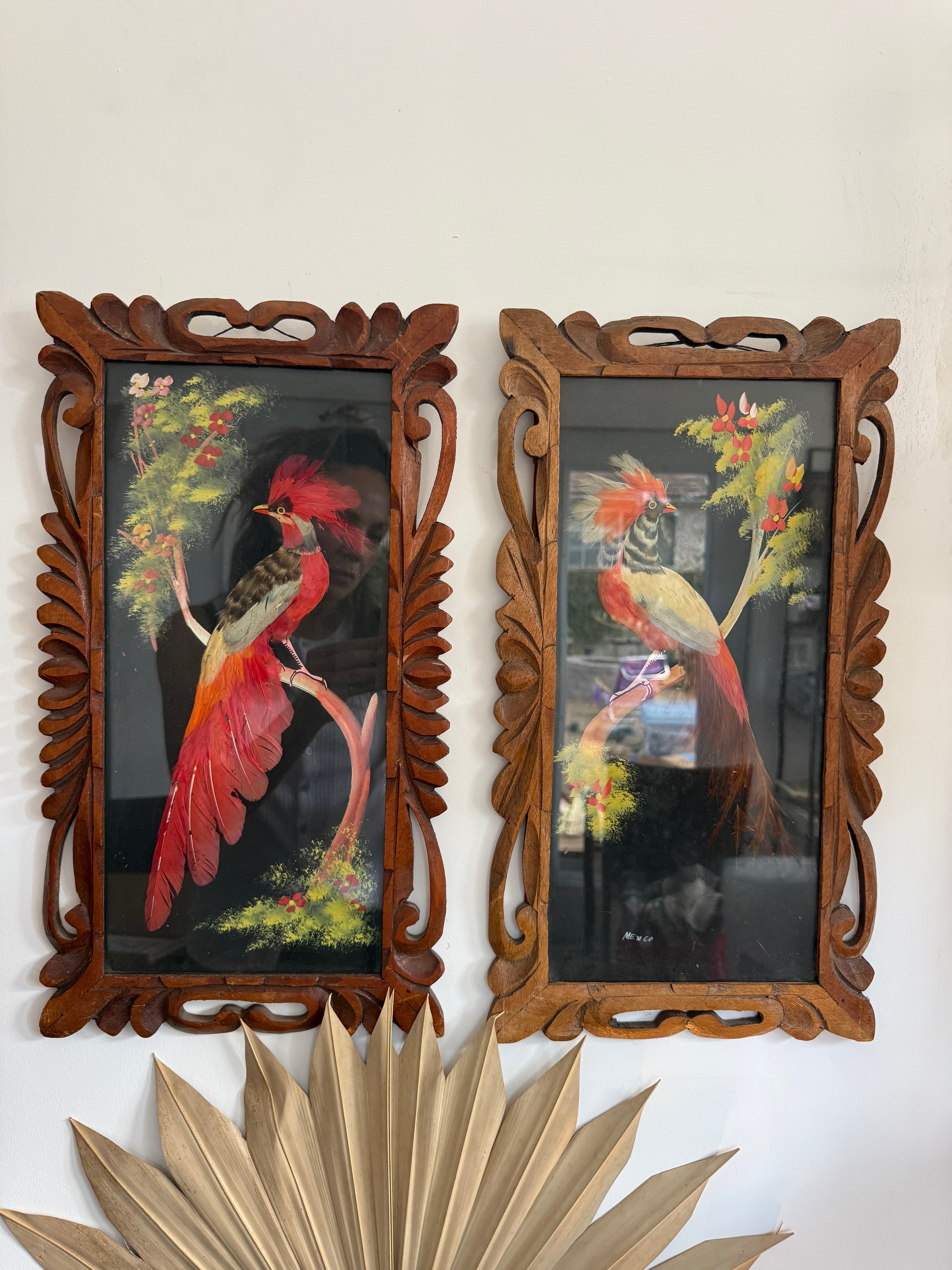 Pair of Vintage Mexican Feathercraft Bird Portraits in Hand-Carved Cedar Frames