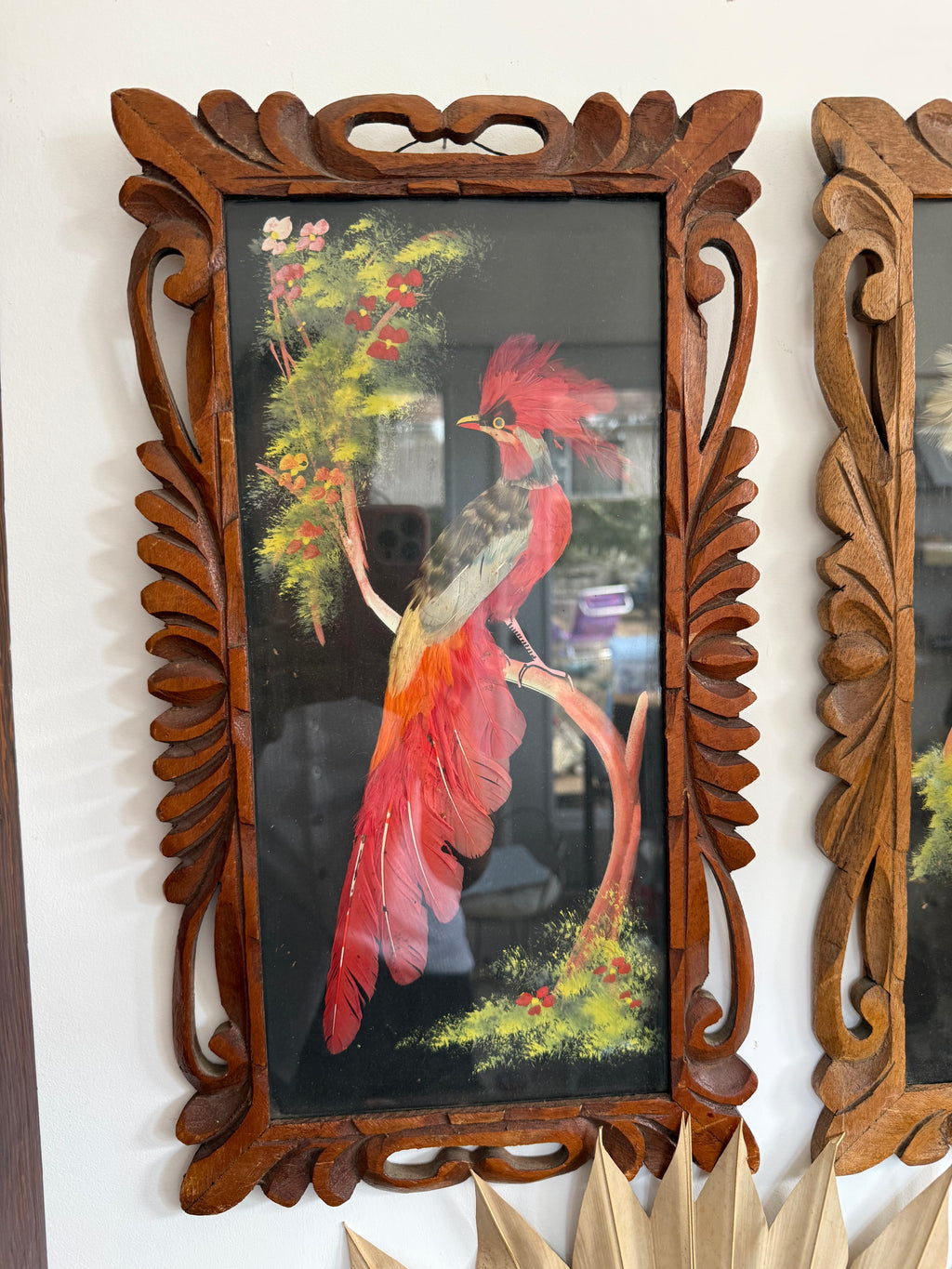 Pair of Vintage Mexican Feathercraft Bird Portraits in Hand-Carved Cedar Frames