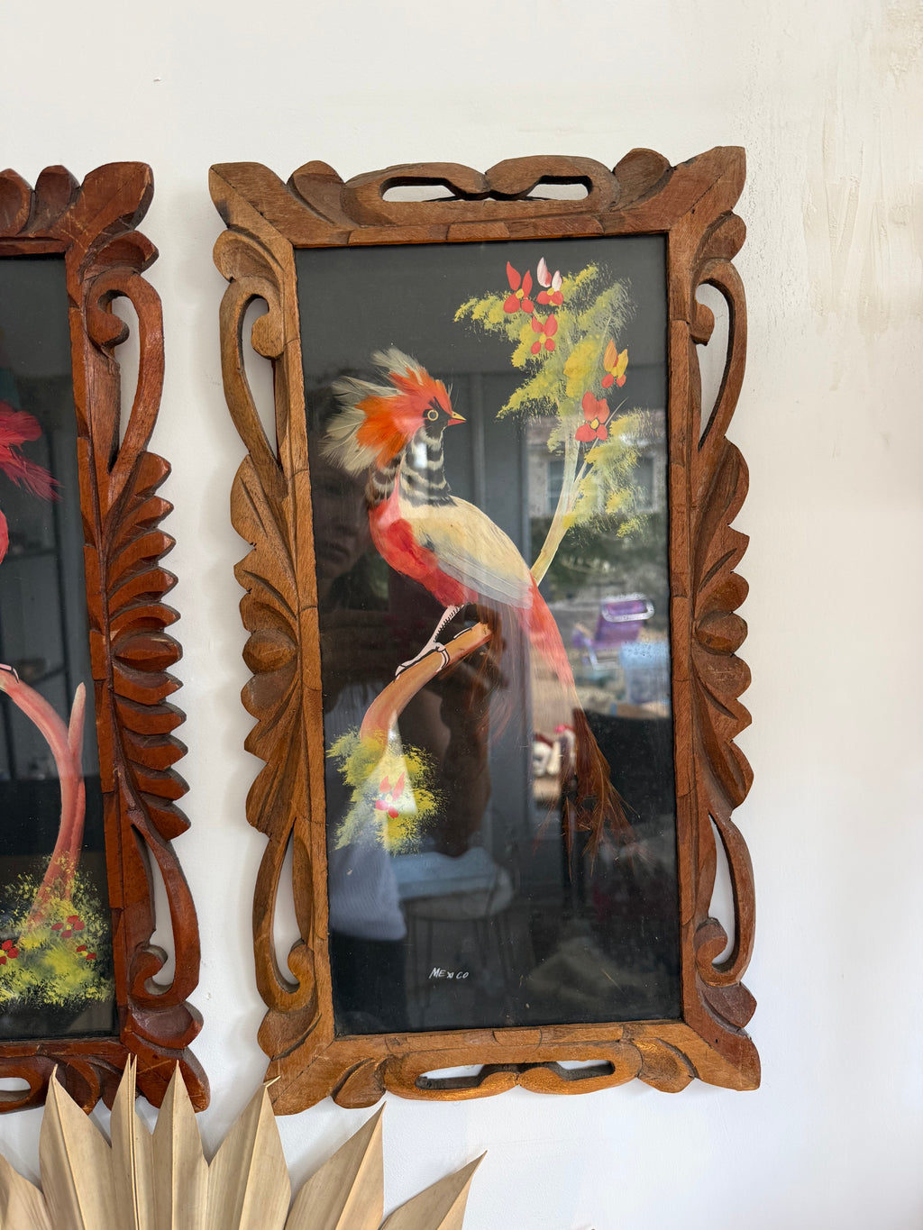 Pair of Vintage Mexican Feathercraft Bird Portraits in Hand-Carved Cedar Frames