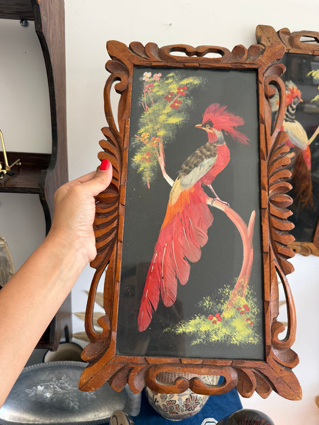 Pair of Vintage Mexican Feathercraft Bird Portraits in Hand-Carved Cedar Frames