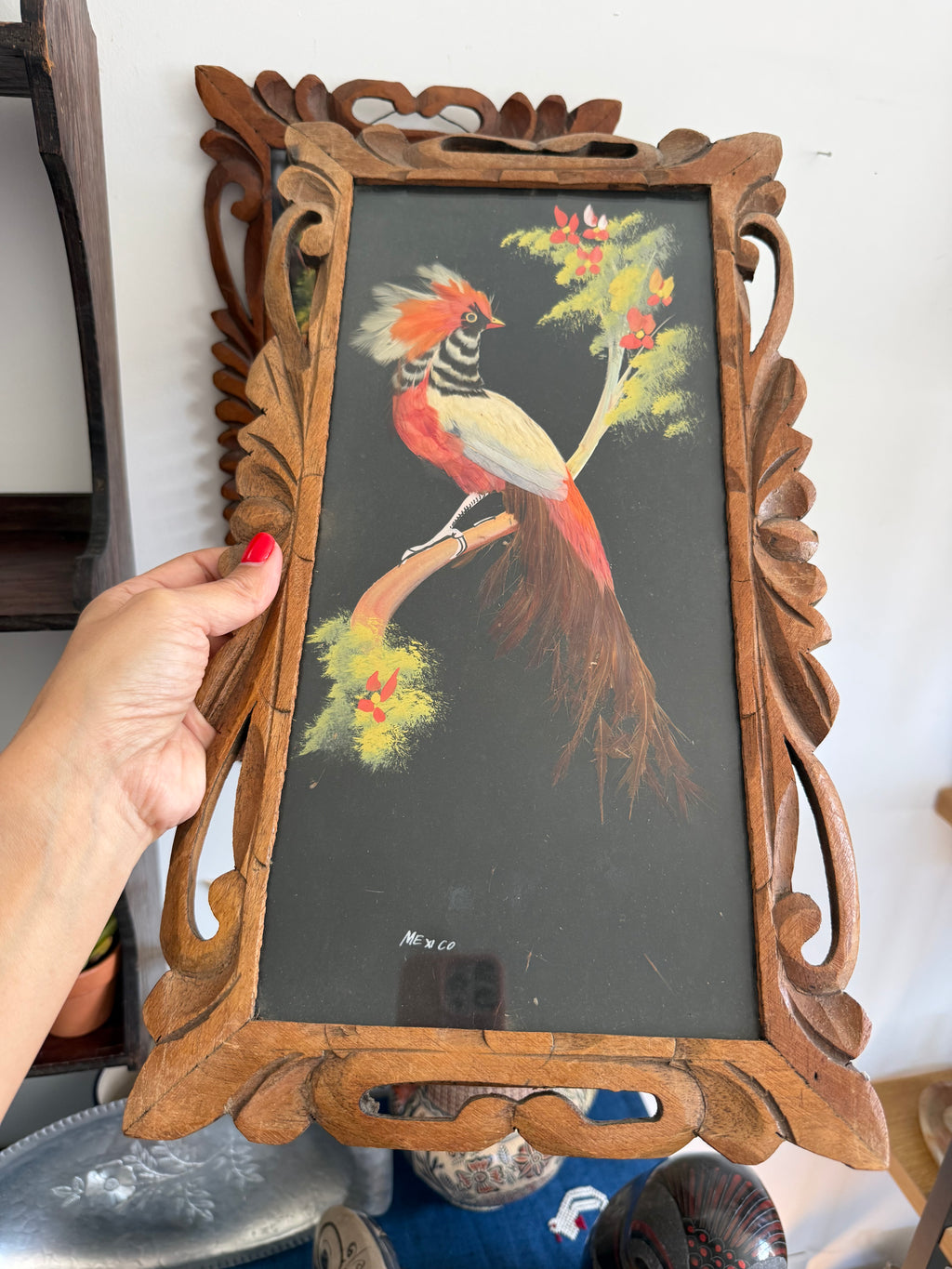 Pair of Vintage Mexican Feathercraft Bird Portraits in Hand-Carved Cedar Frames