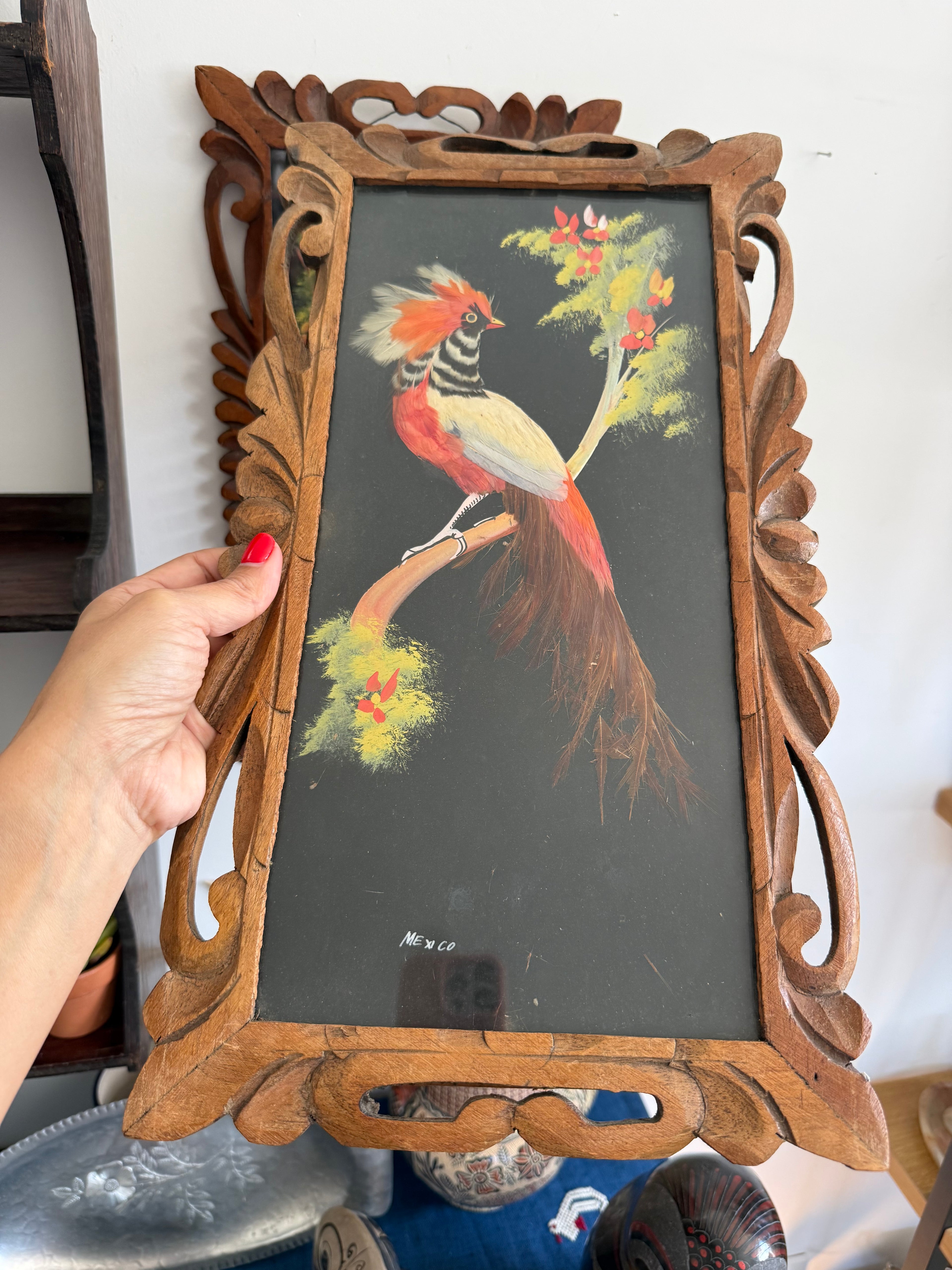 Pair of Vintage Mexican Feathercraft Bird Portraits in Hand-Carved Cedar Frames