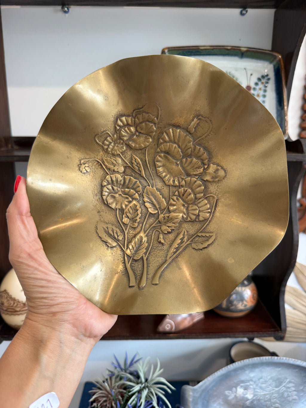 Vintage 1980s Korean Brass Pansy Bowl with Fluted Rim