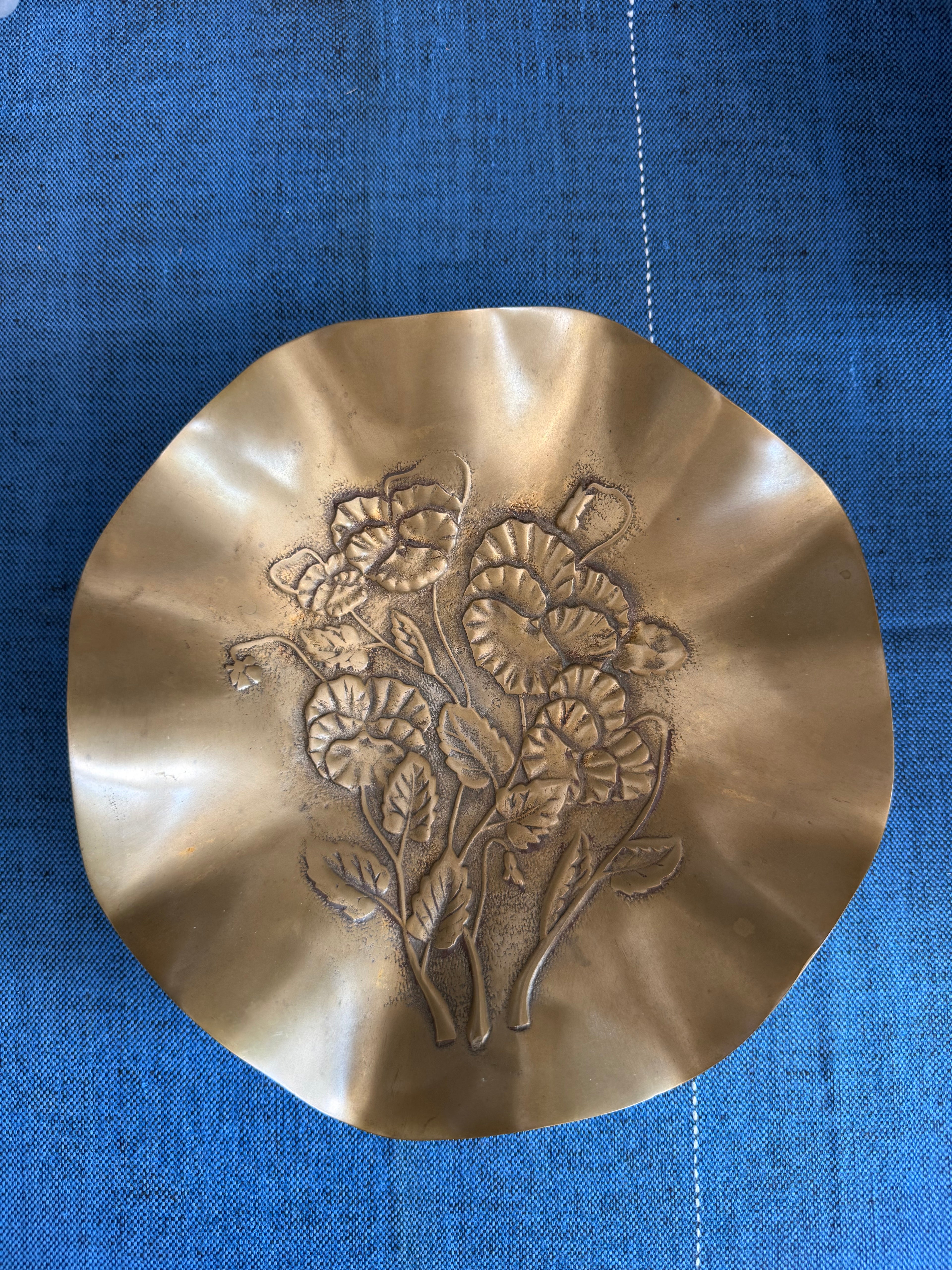 Vintage 1980s Korean Brass Pansy Bowl with Fluted Rim