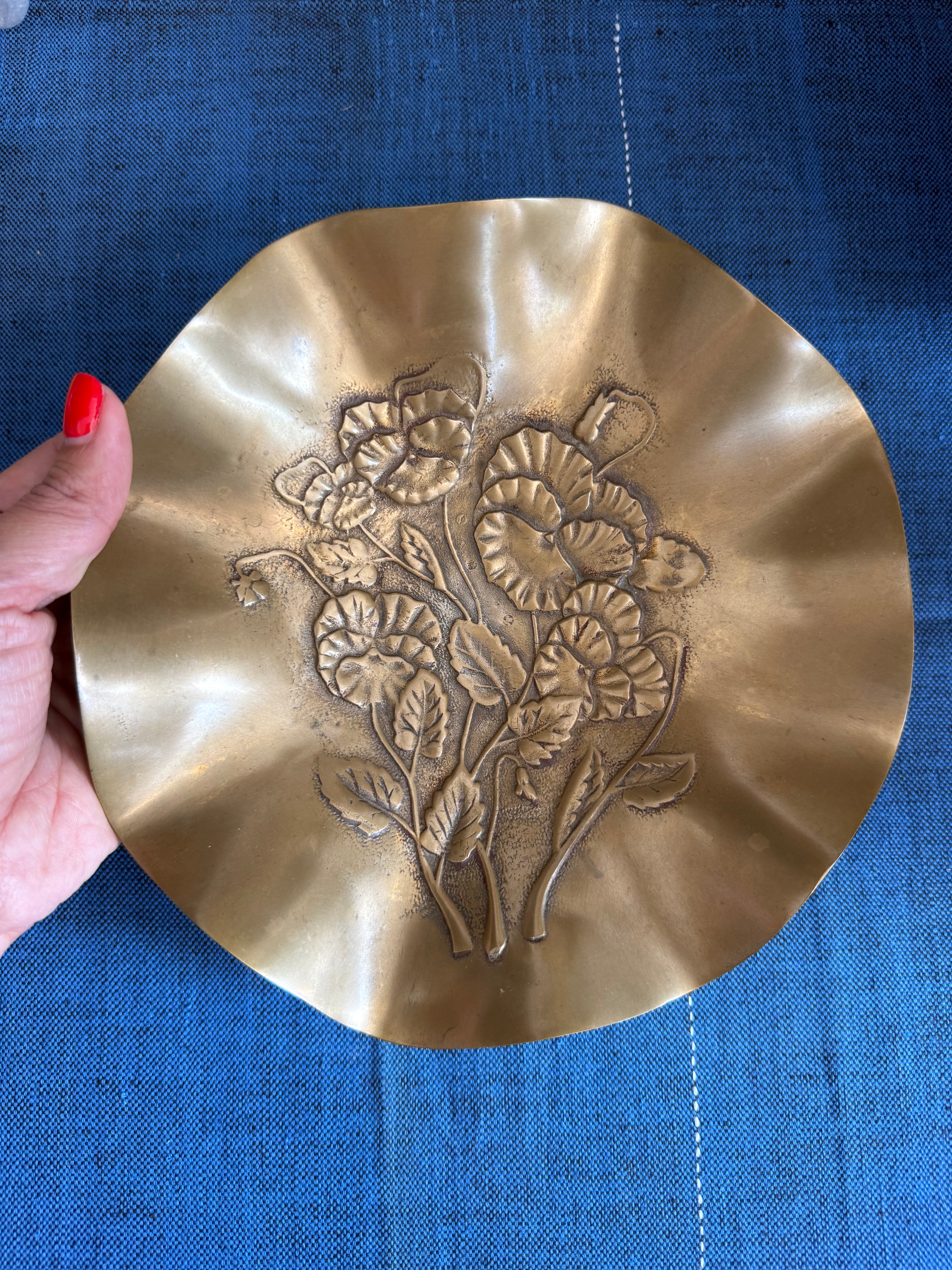 Vintage 1980s Korean Brass Pansy Bowl with Fluted Rim