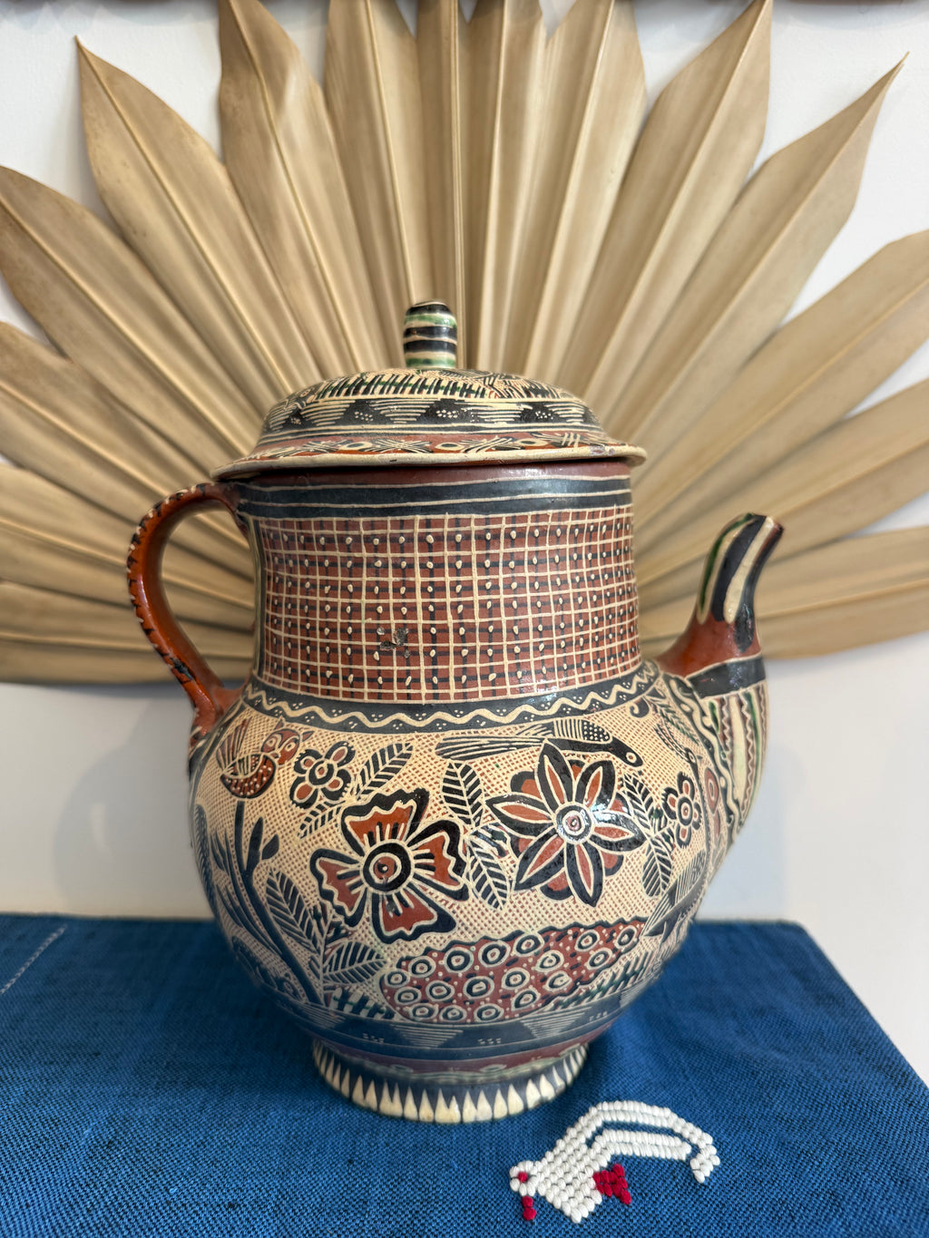 Vintage Hand-Painted Sgraffito Folk Art Teapot