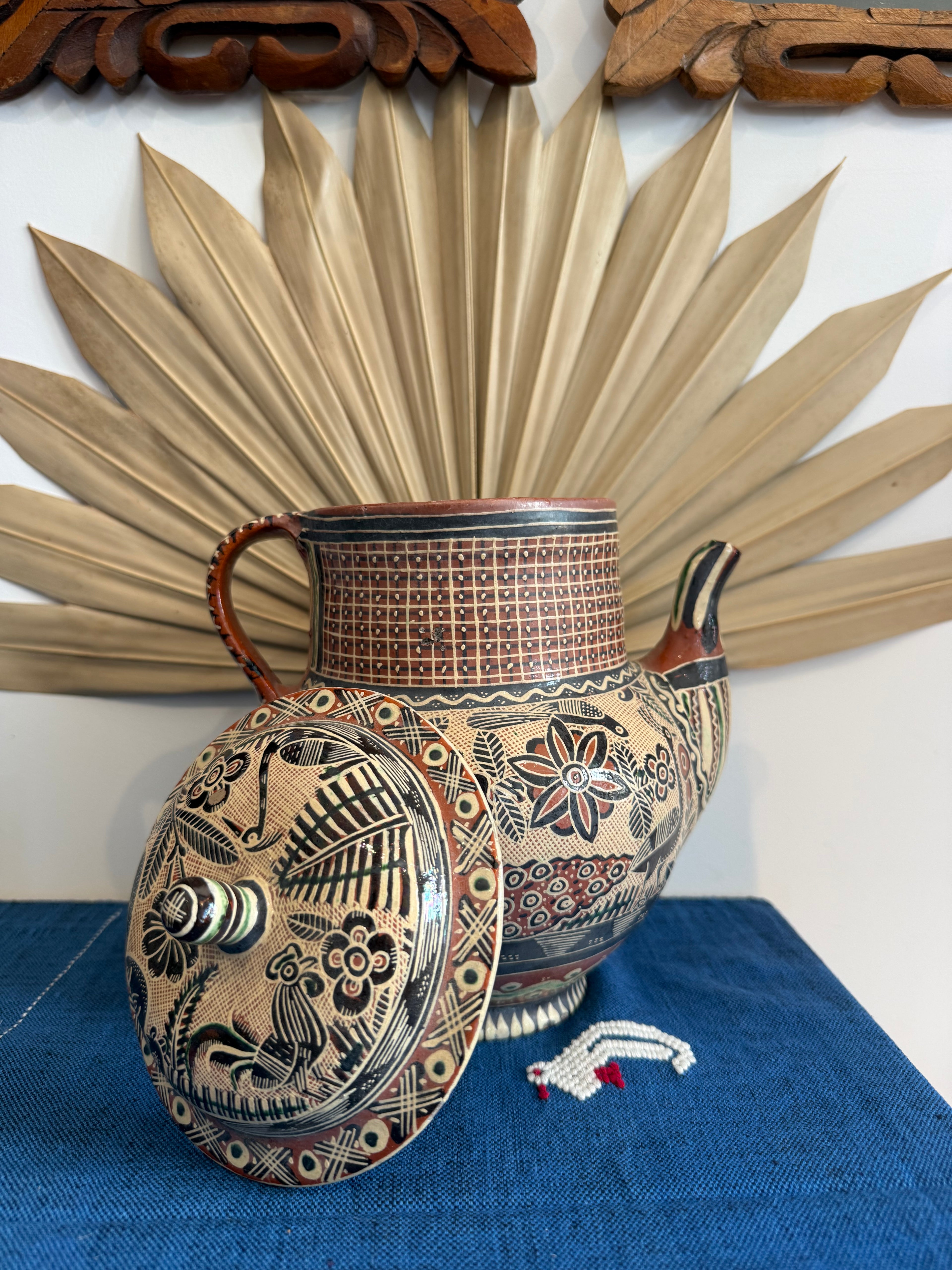 Vintage Hand-Painted Sgraffito Folk Art Teapot