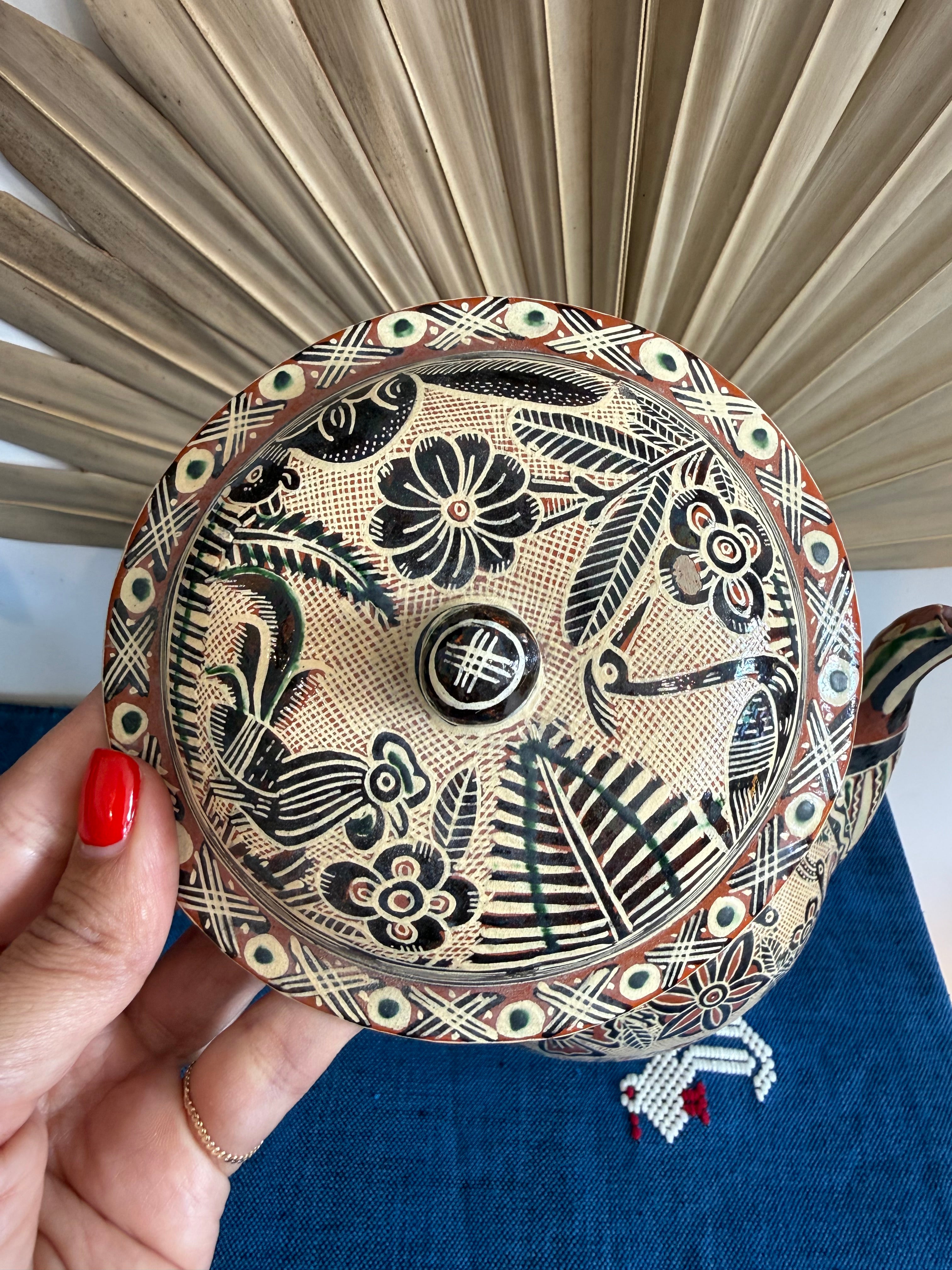Vintage Hand-Painted Sgraffito Folk Art Teapot