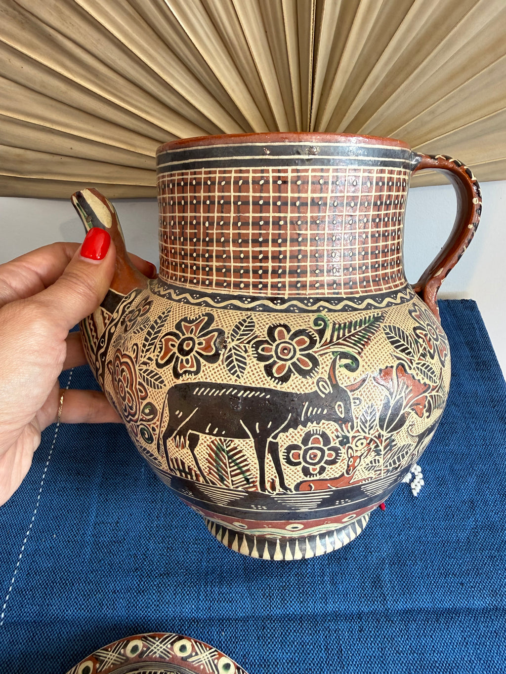 Vintage Hand-Painted Sgraffito Folk Art Teapot