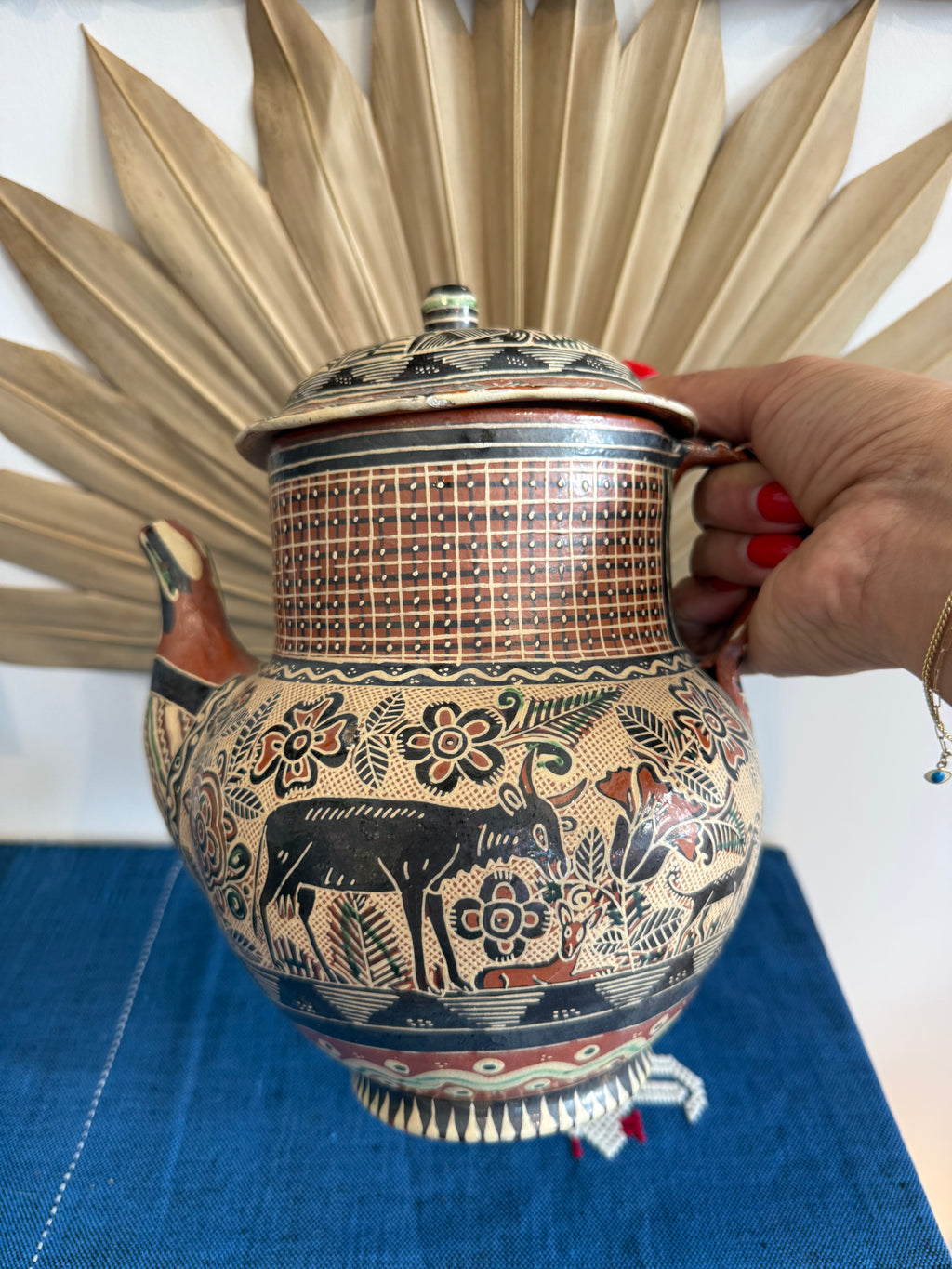 Vintage Hand-Painted Sgraffito Folk Art Teapot