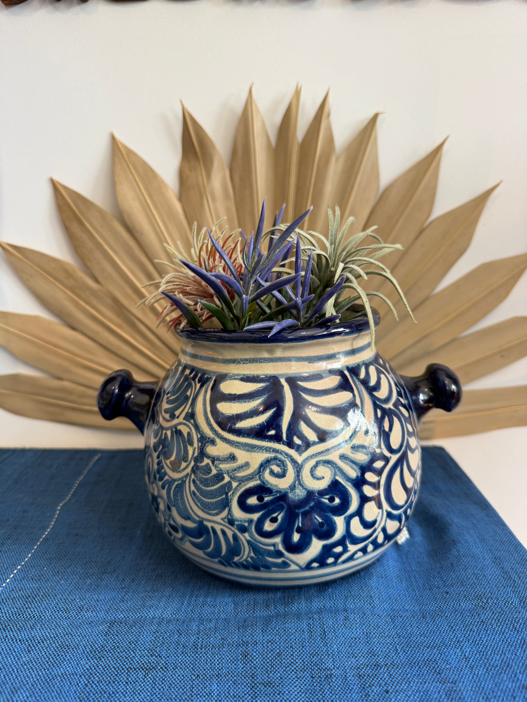 Vintage Mexican Blue & White Ceramic Cachepot