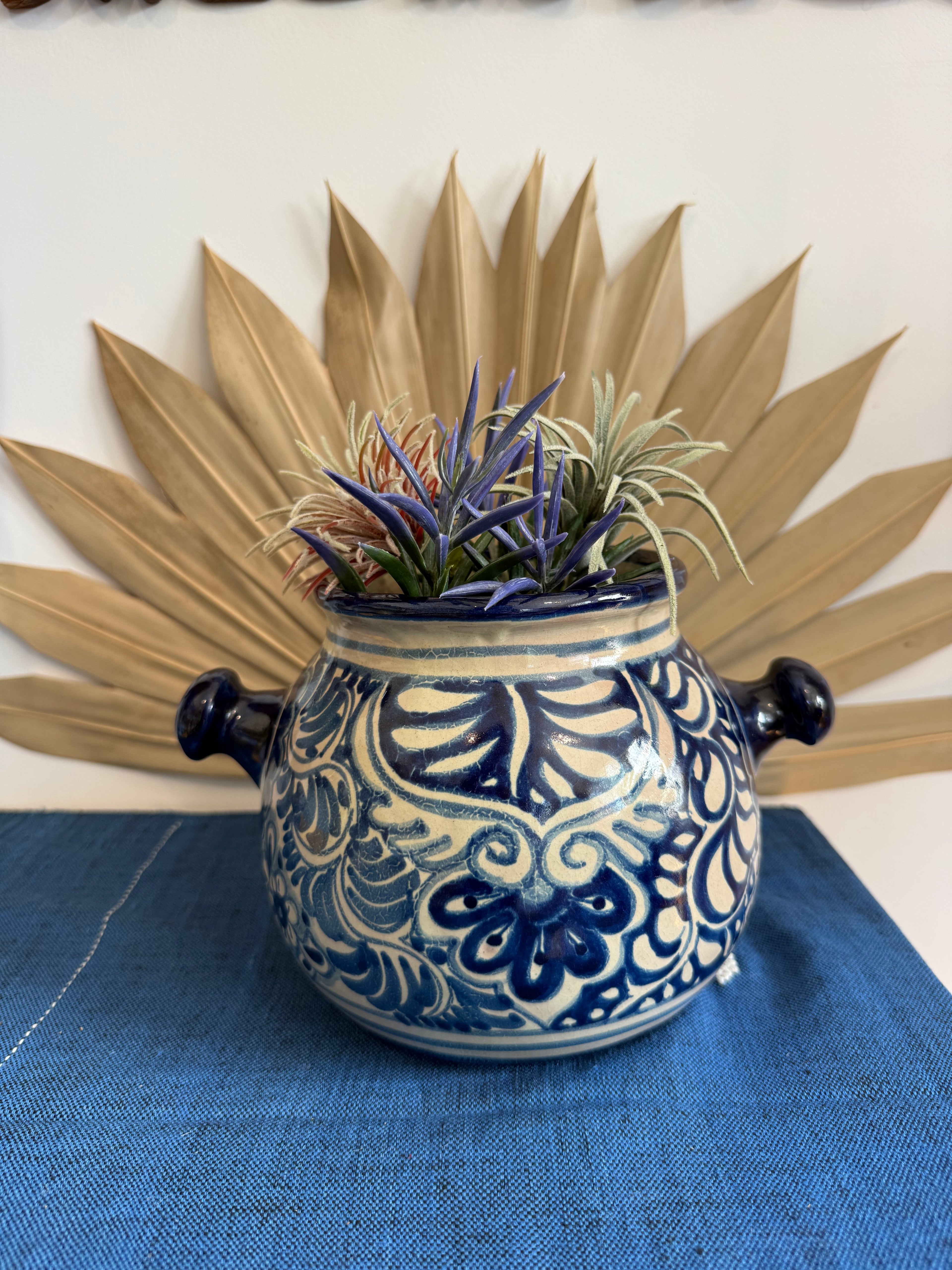 Vintage Mexican Blue & White Ceramic Cachepot