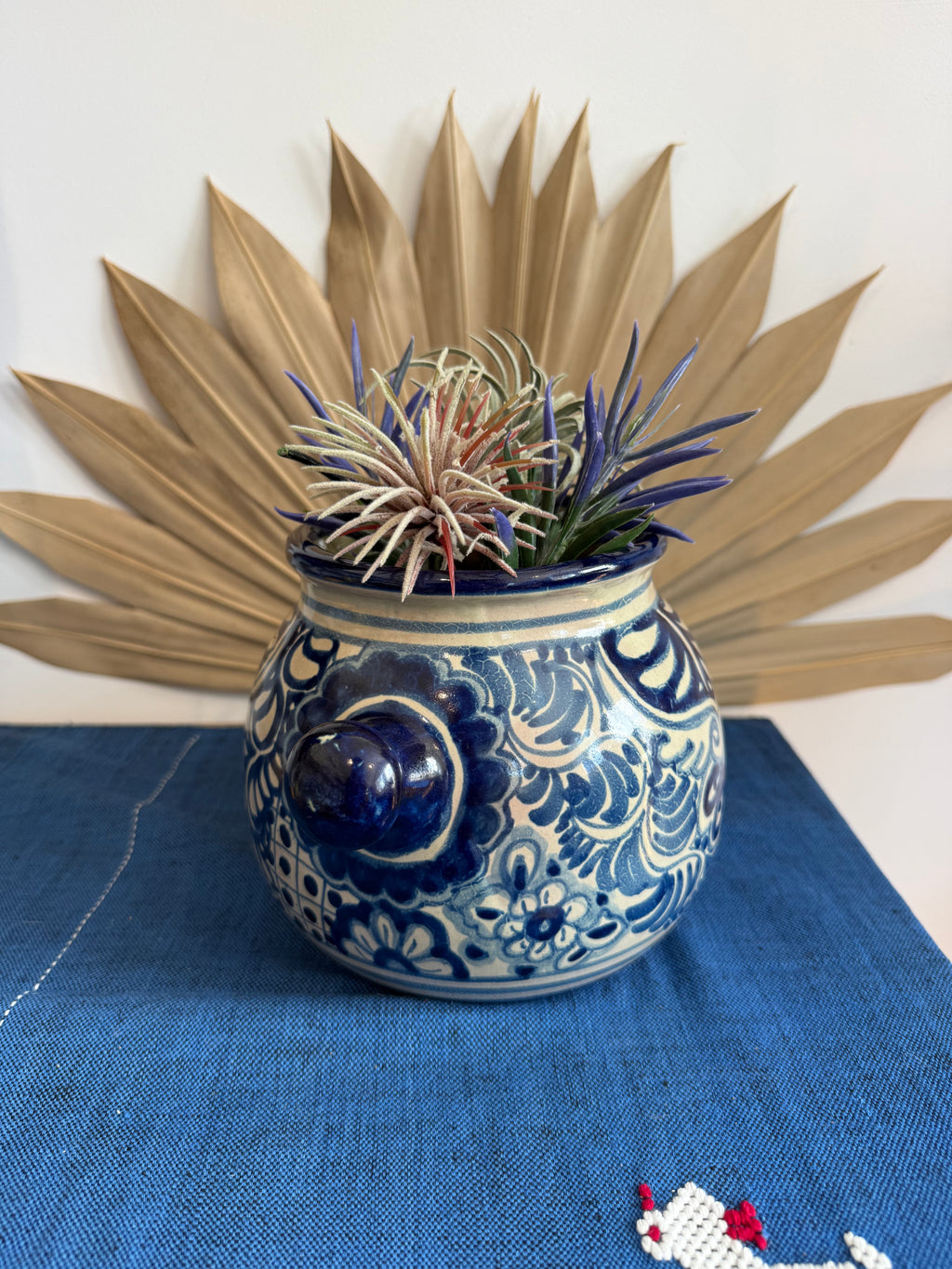 Vintage Mexican Blue & White Ceramic Cachepot