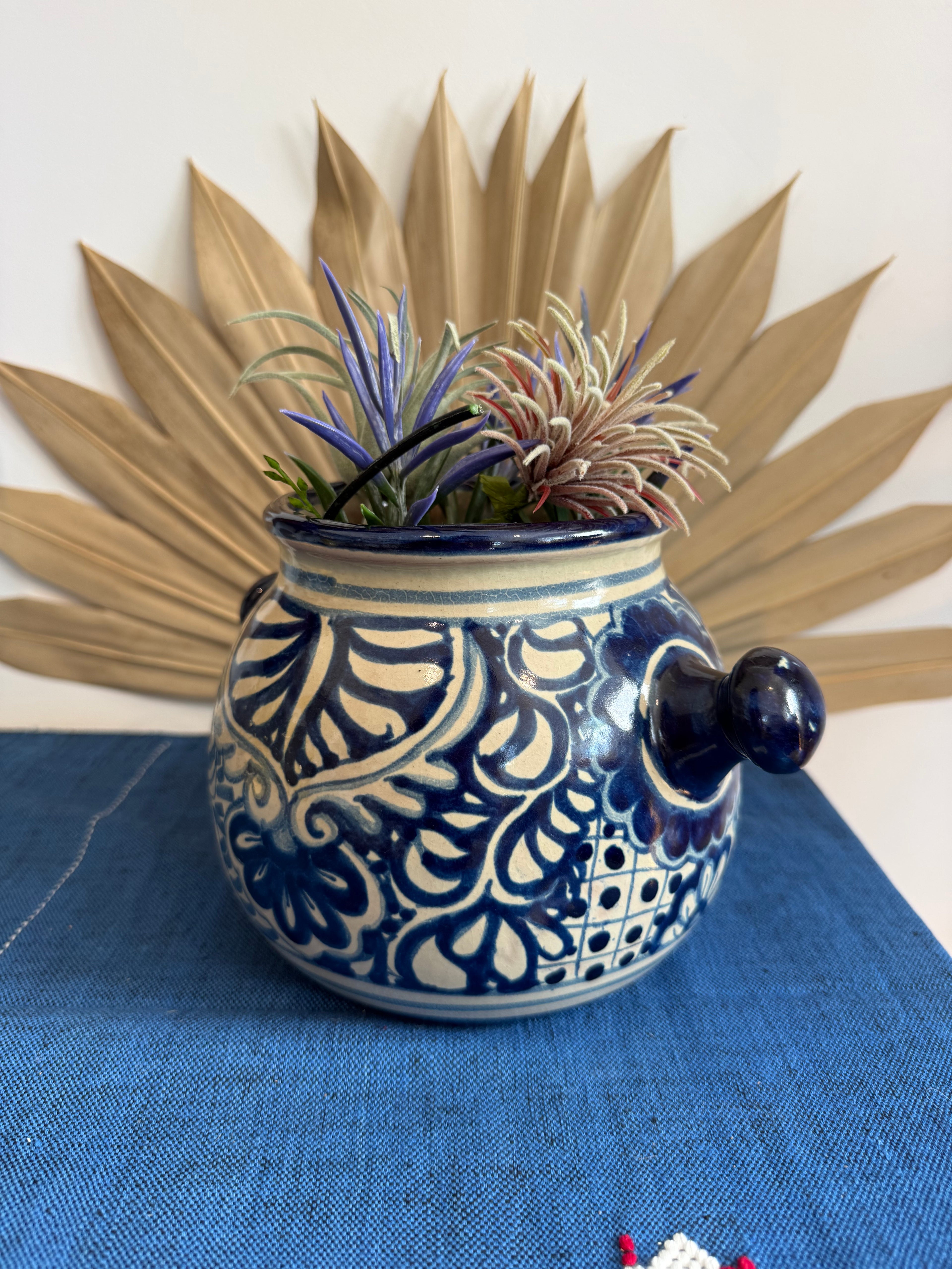 Vintage Mexican Blue & White Ceramic Cachepot