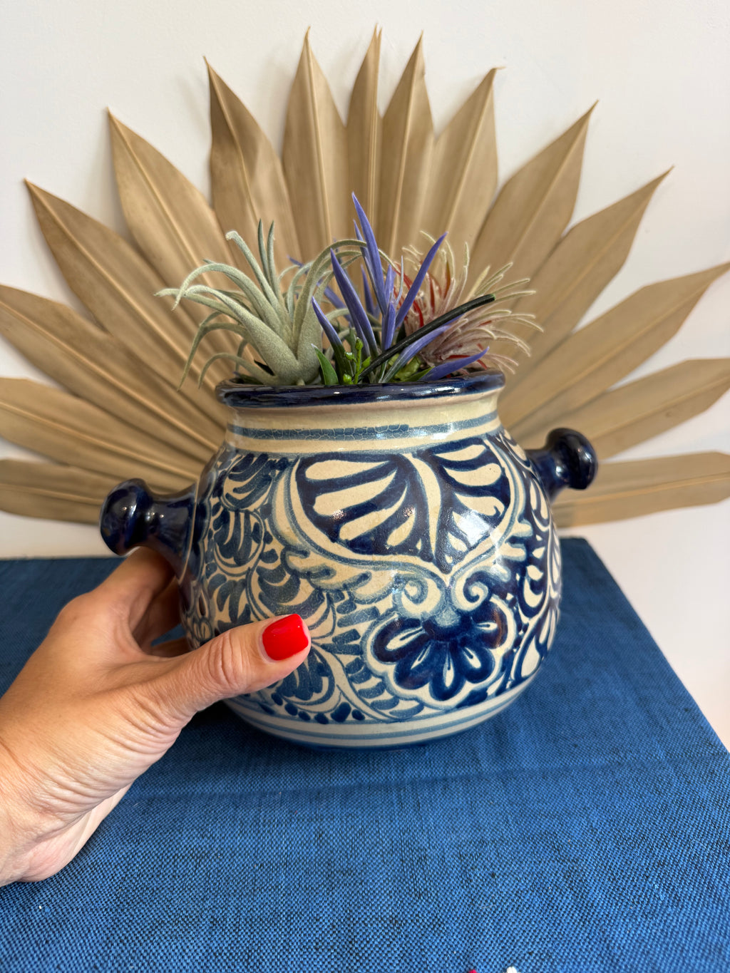 Vintage Mexican Blue & White Ceramic Cachepot