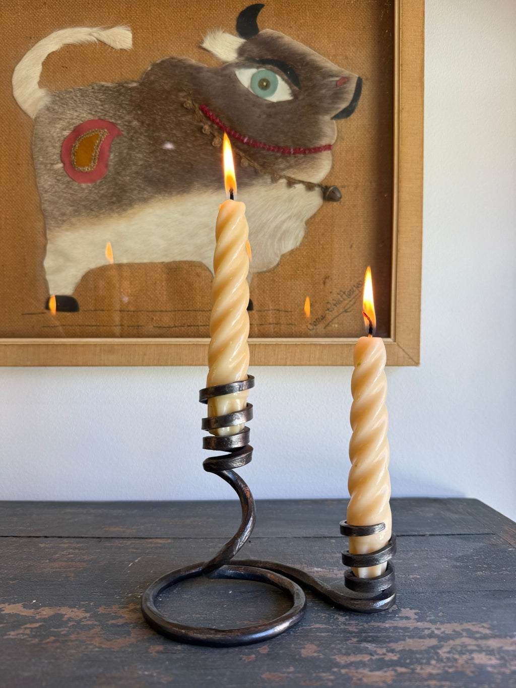 Vintage Hand-Forged Iron Double Taper Candleholders – Set of Two