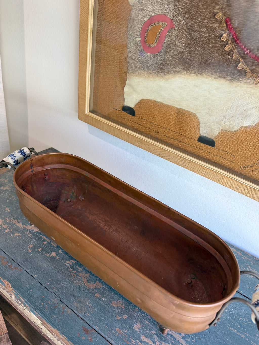 Vintage Copper Planter with Blue-and-White Porcelain Handles