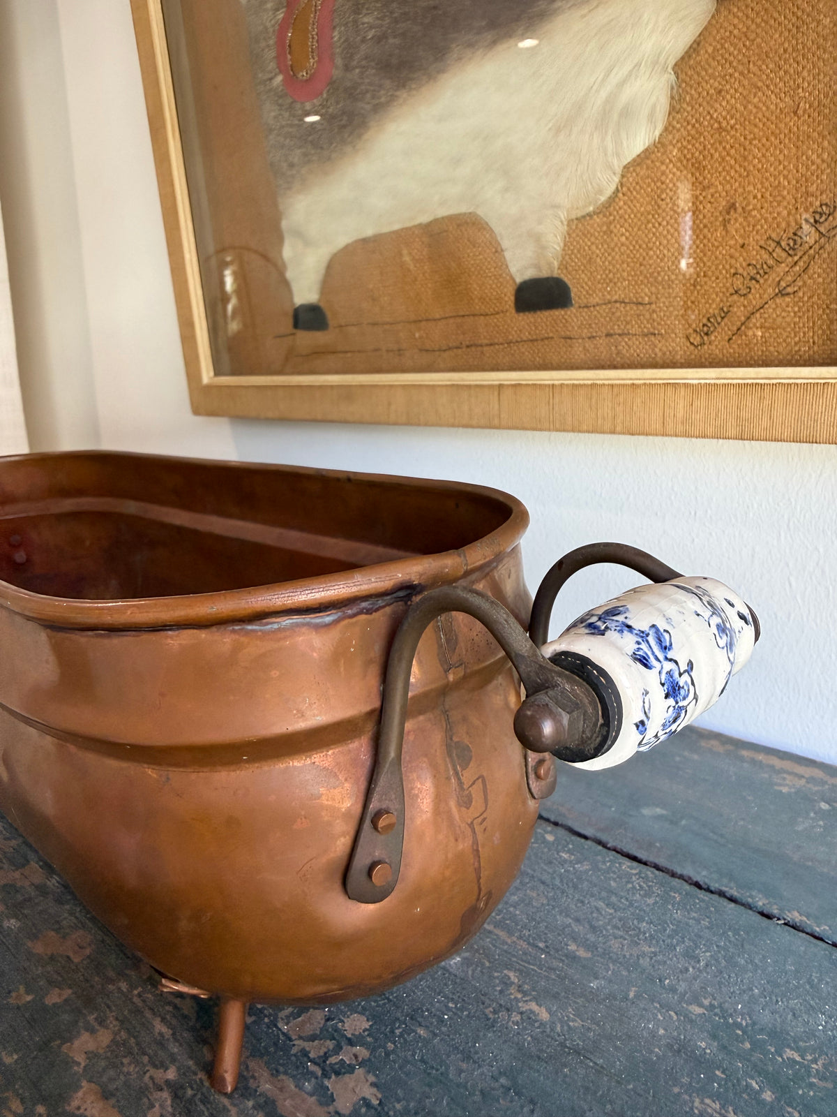 Vintage Copper Planter with Blue-and-White Porcelain Handles