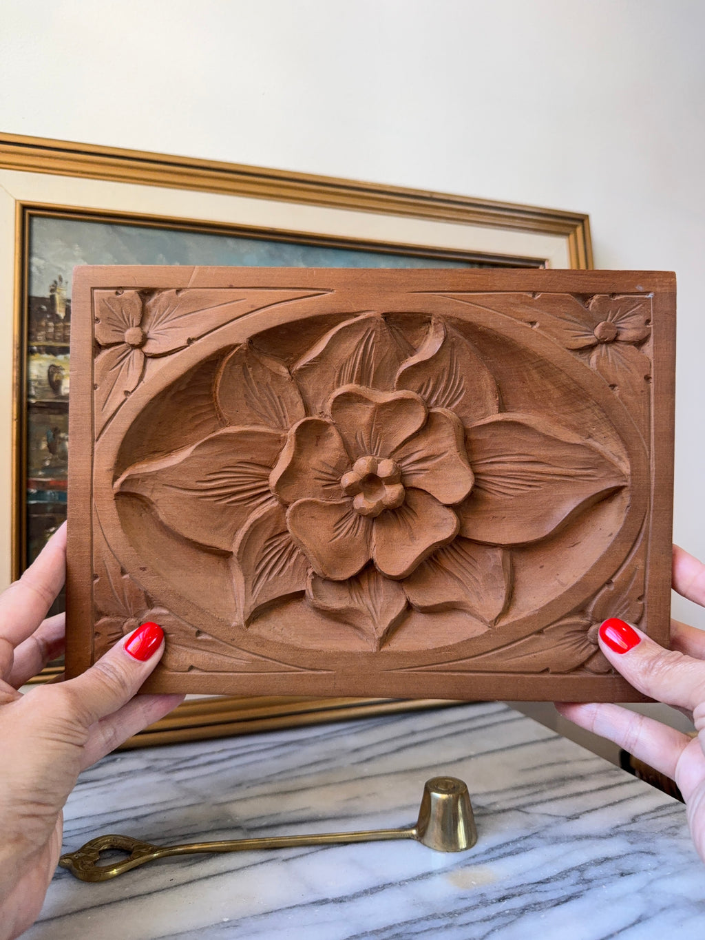 Vintage Hand-Carved Floral Wood Wall Plaque