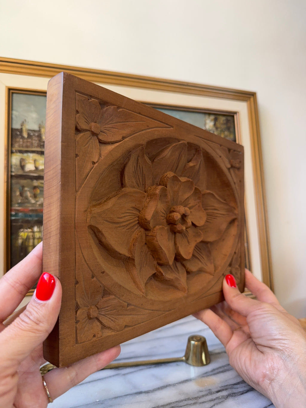 Vintage Hand-Carved Floral Wood Wall Plaque