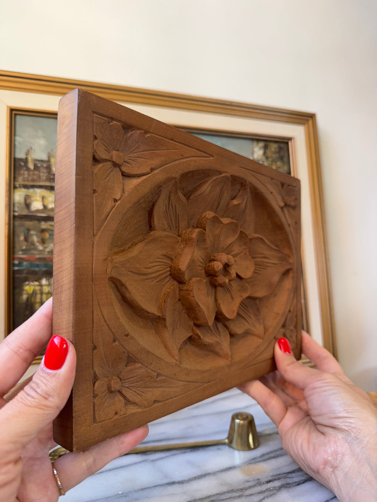 Vintage Hand-Carved Floral Wood Wall Plaque