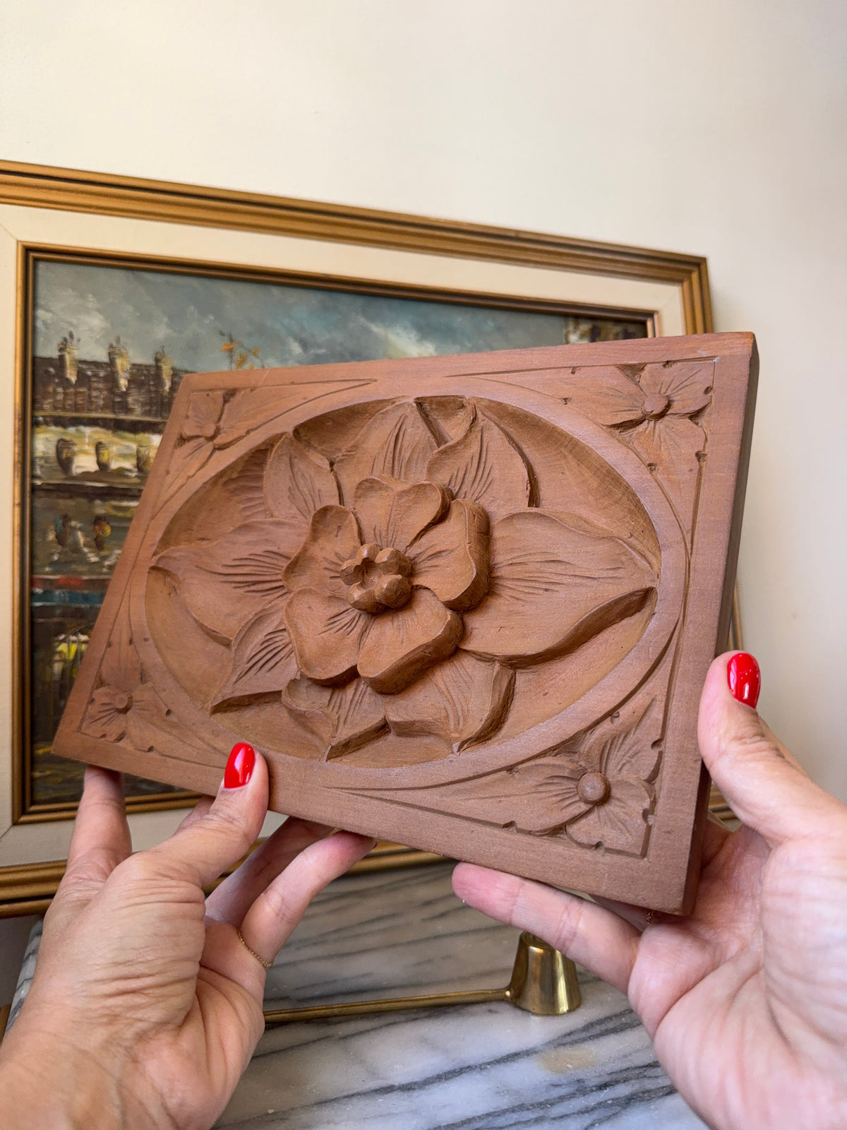Vintage Hand-Carved Floral Wood Wall Plaque