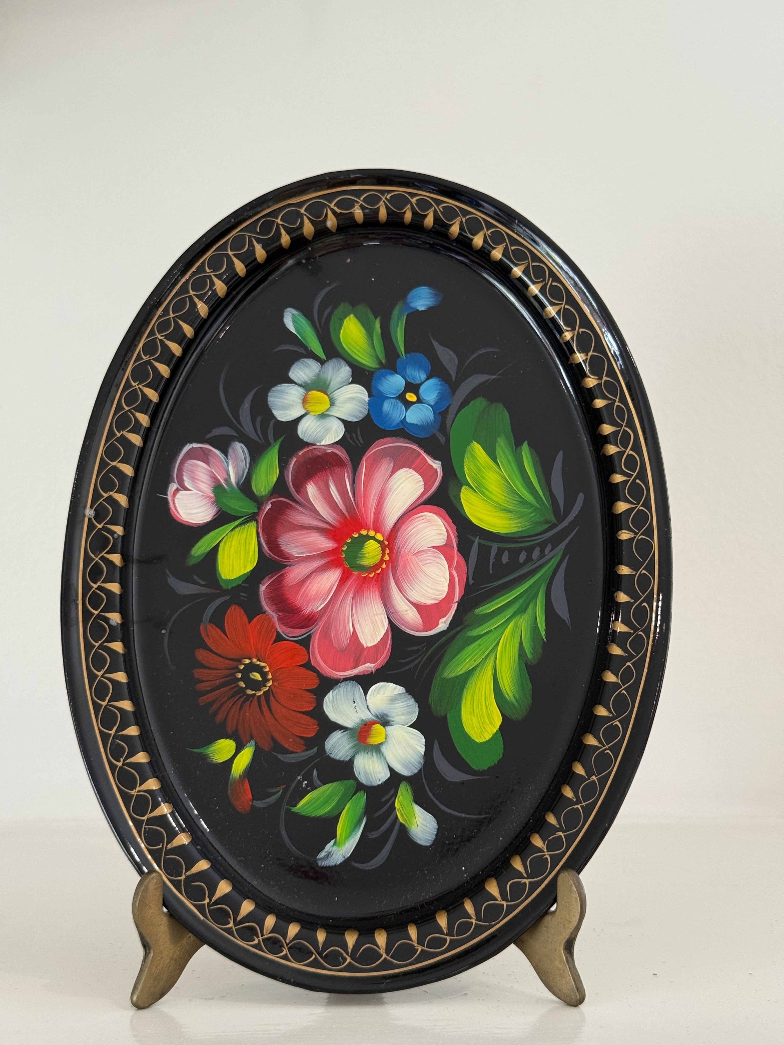 Vintage Russian Hand-Painted Floral Tray