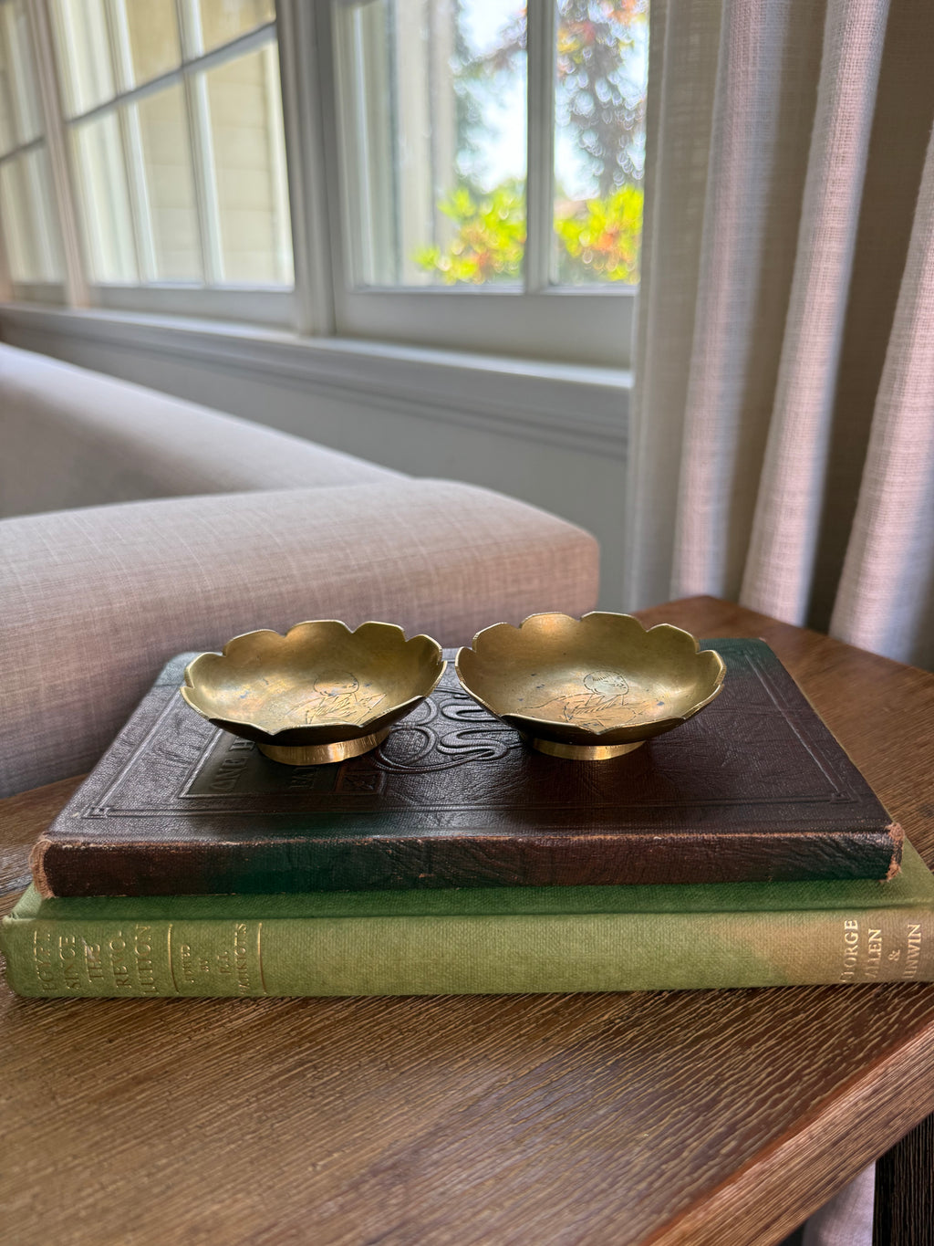 Vintage Brass Bowls with Engraved Asian Figures | Set of 2