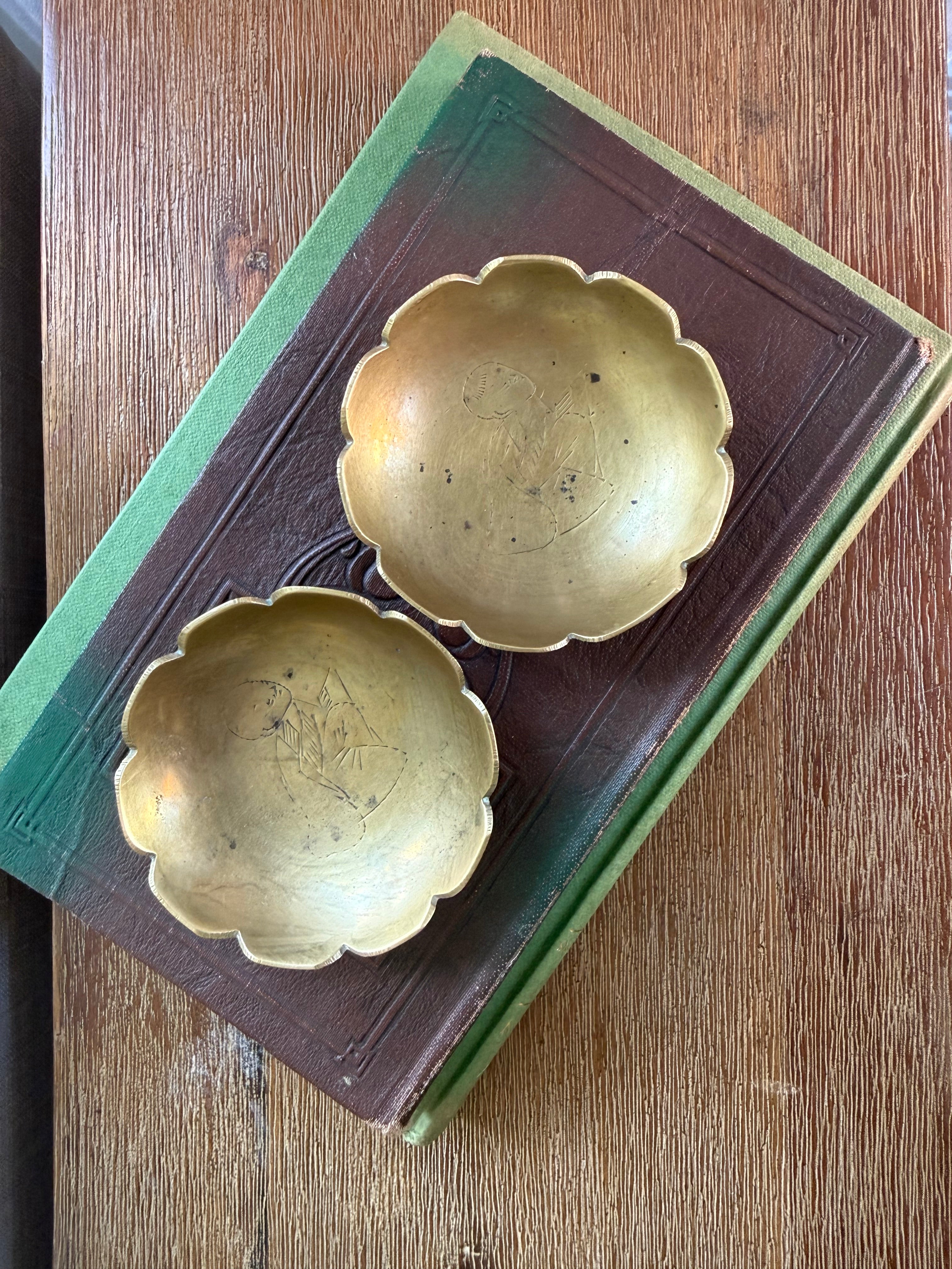 Vintage Brass Bowls with Engraved Asian Figures | Set of 2