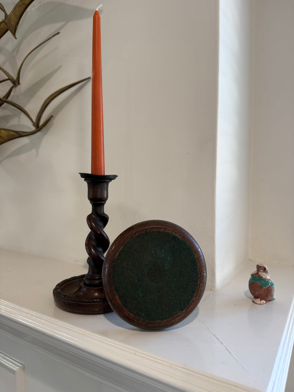 Vintage English Oak Barley Twist Candlesticks with Brass Accents, Pair
