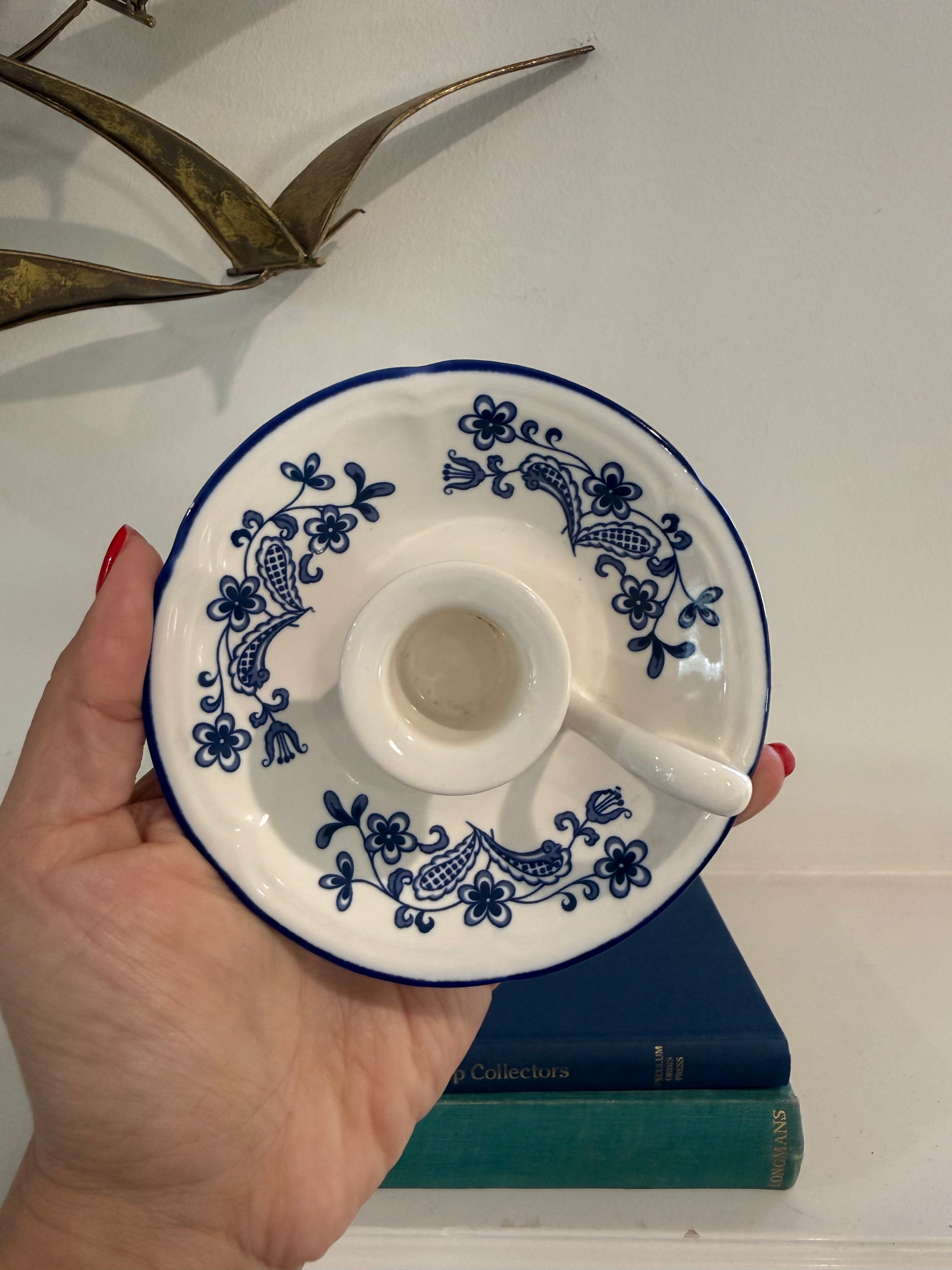 Vintage Fine Ceramic Blue Garden Candle Holder | Made in Japan