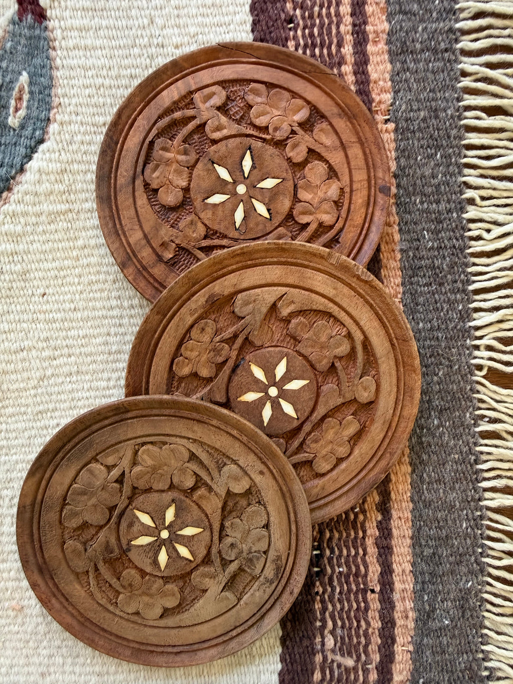 Set of 6 Hand-Carved Sheesham Wood Coasters
