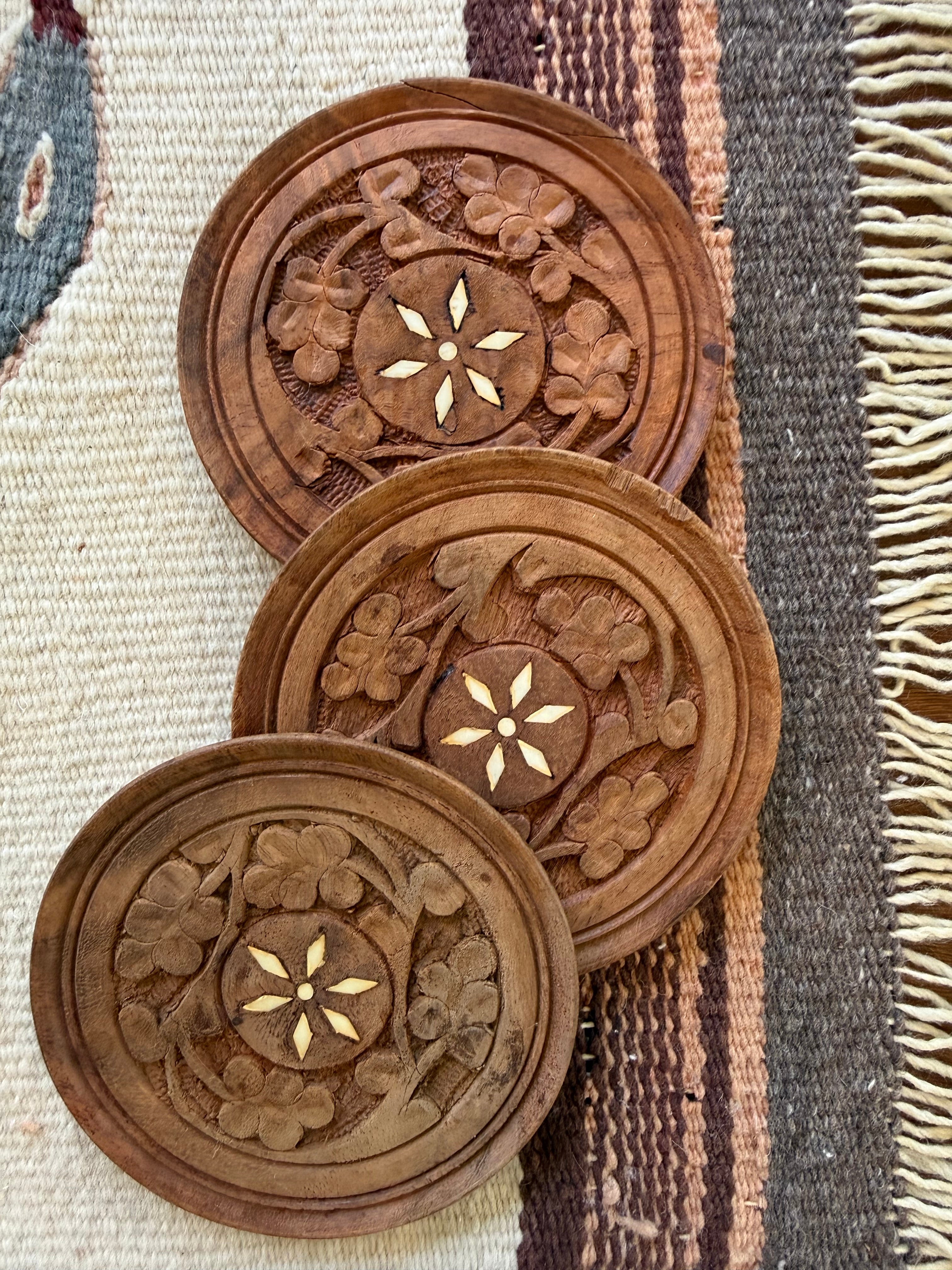 Set of 6 Hand-Carved Sheesham Wood Coasters
