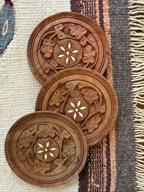 Set of 6 Hand-Carved Sheesham Wood Coasters