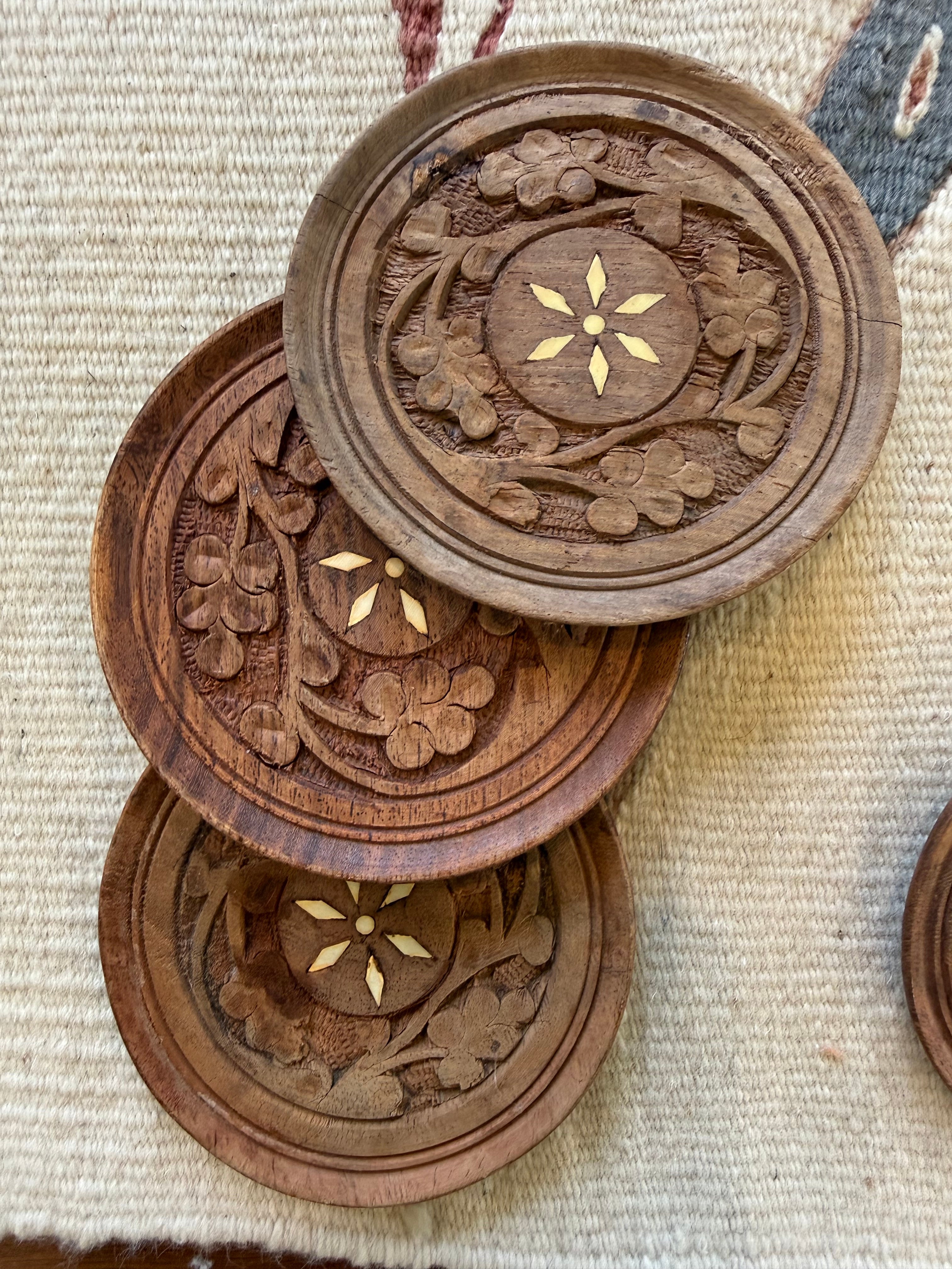 Set of 6 Hand-Carved Sheesham Wood Coasters