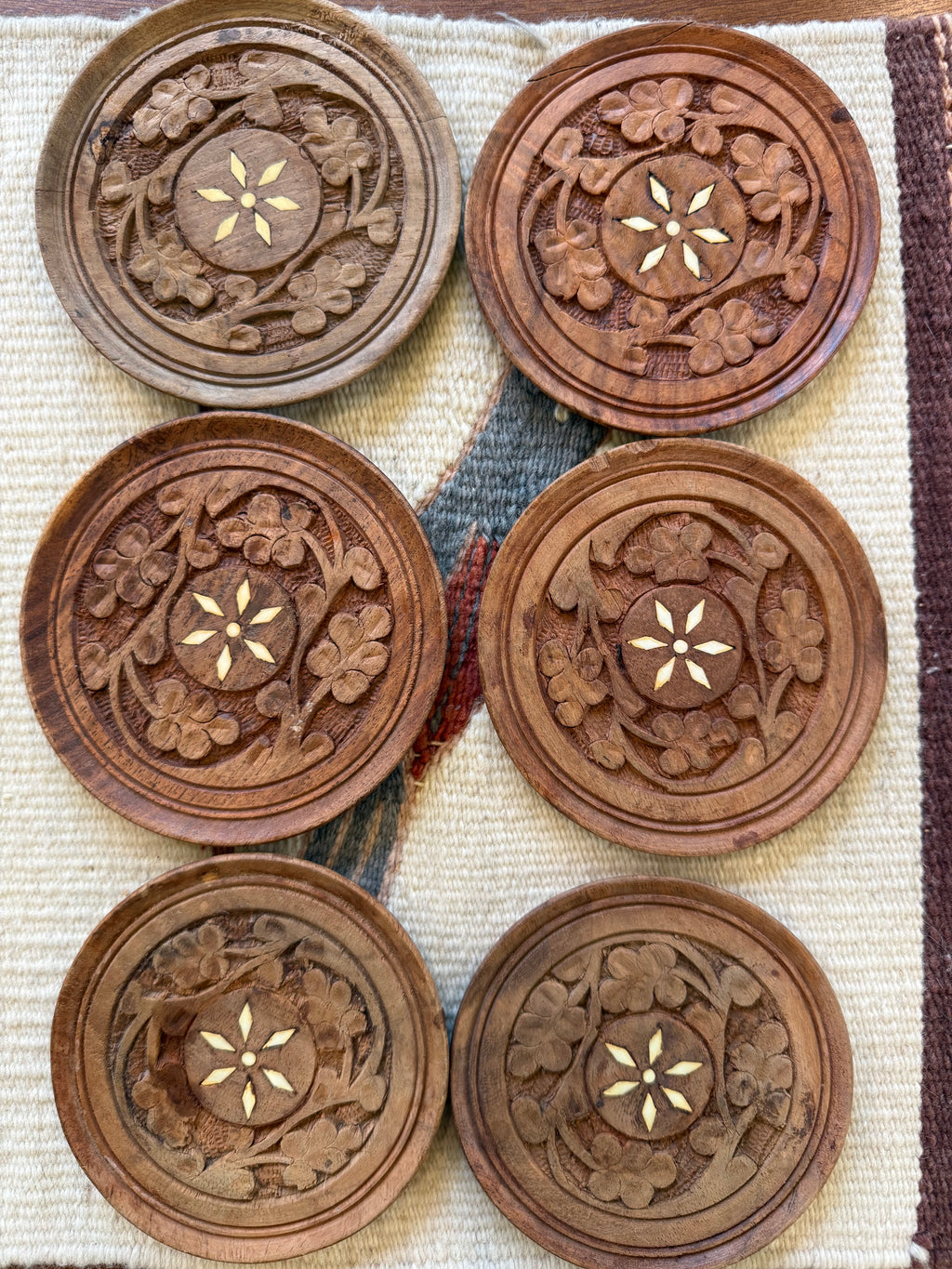 Set of 6 Hand-Carved Sheesham Wood Coasters