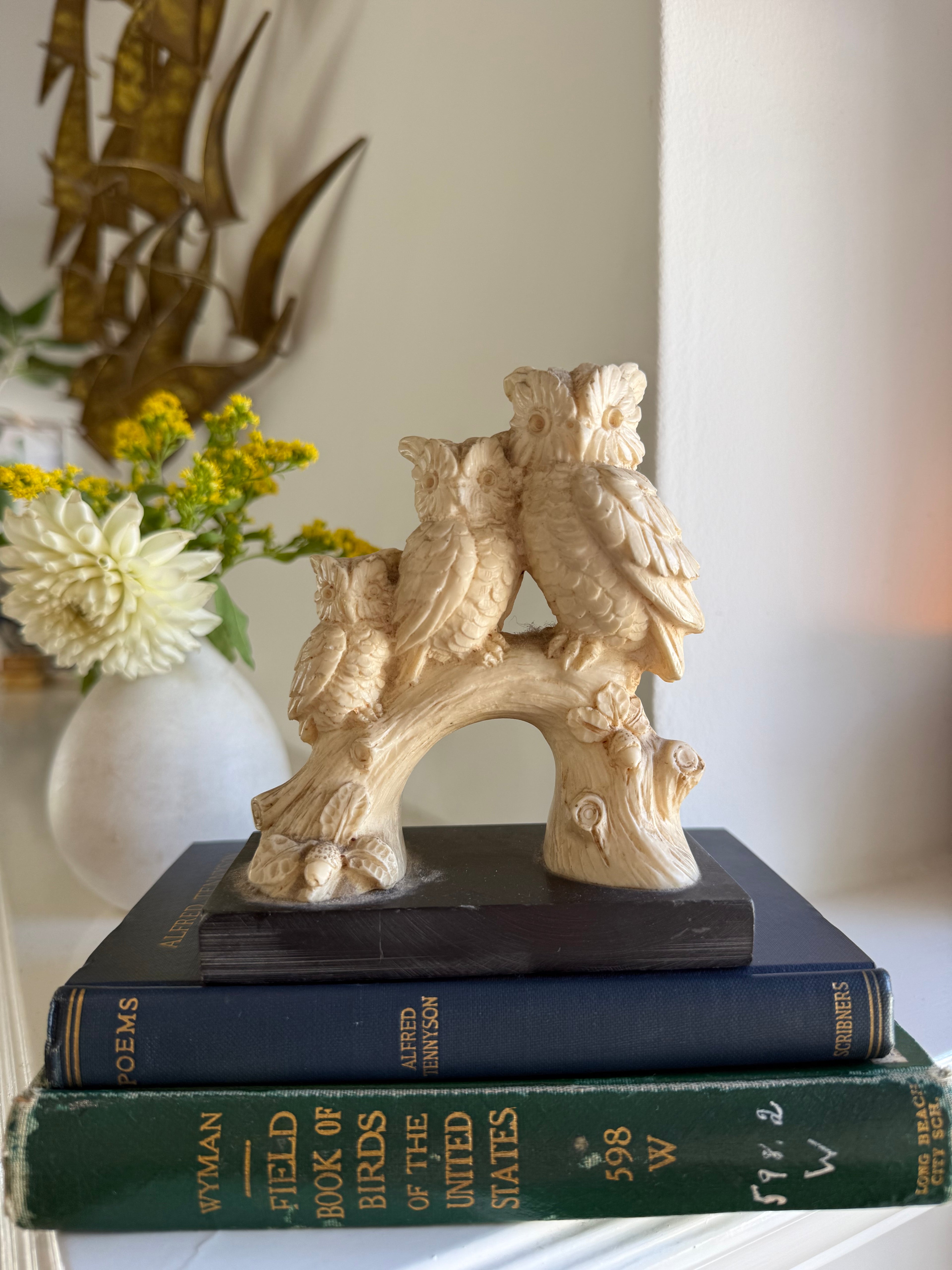 Santini Alabaster Owl Trio Figurine | Made in Italy, 1970s