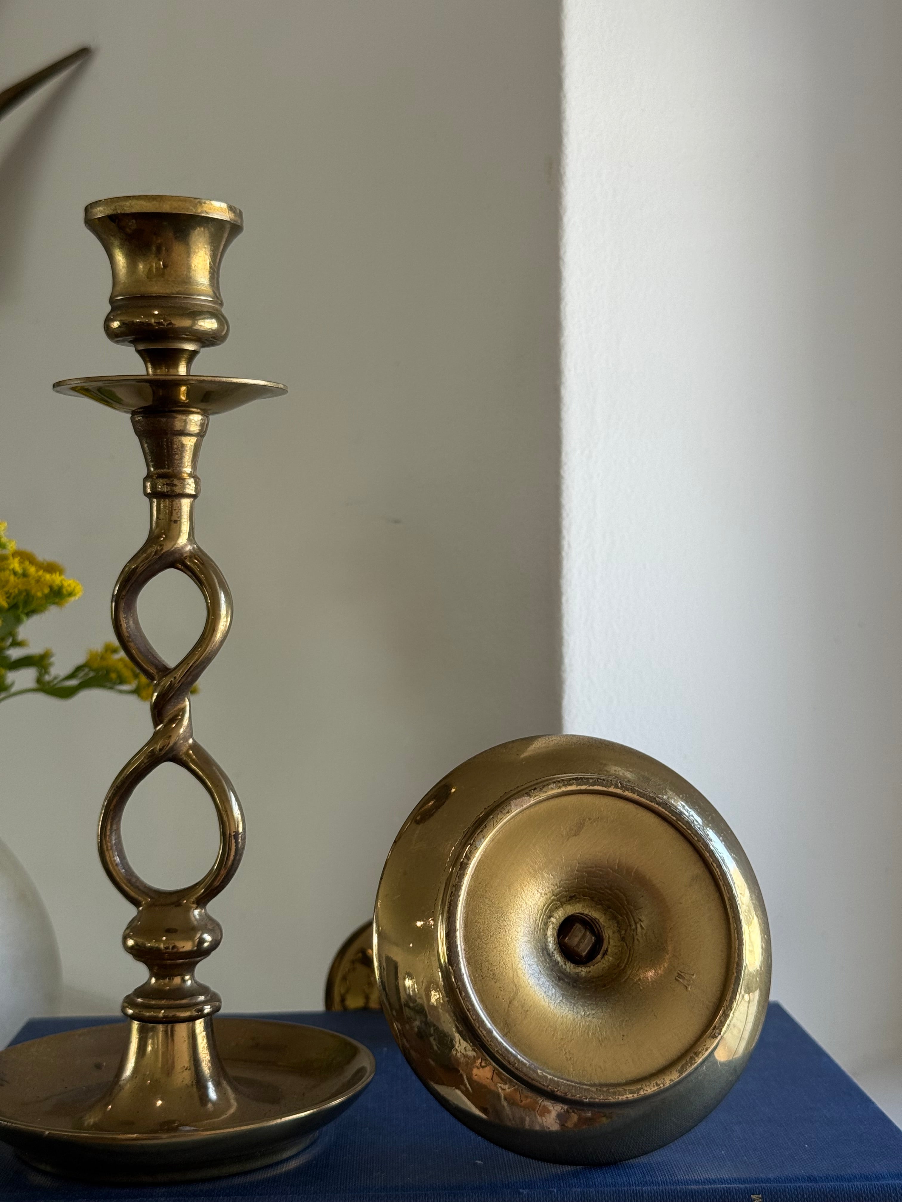 Vintage Brass Candlestick Holders with Infinity Twisted Stem | Set of 2