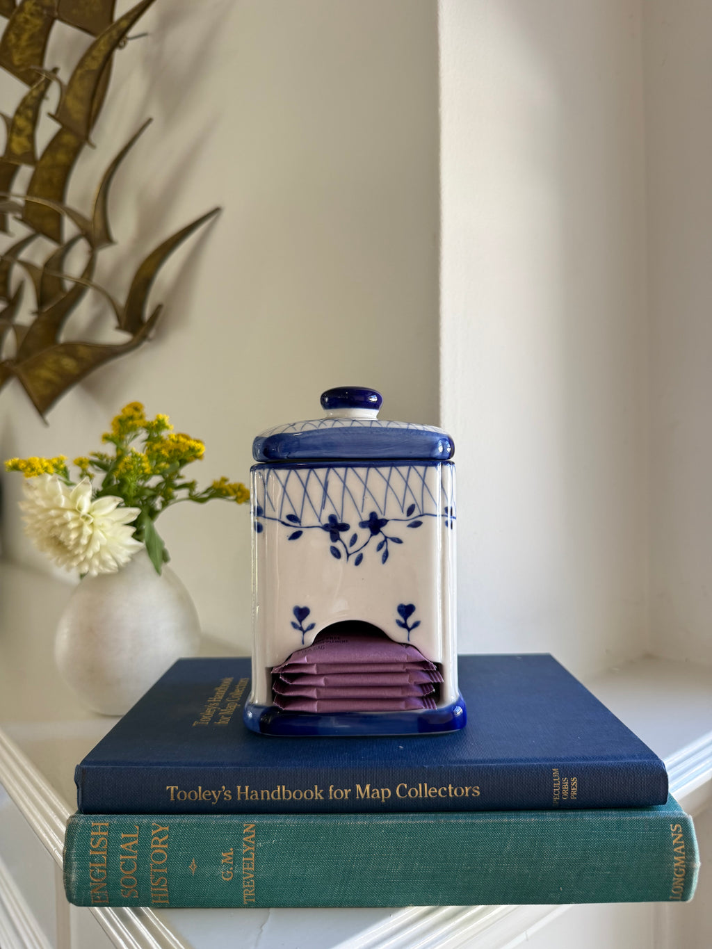 Vintage Blue & White Ceramic Tea Bag Dispenser