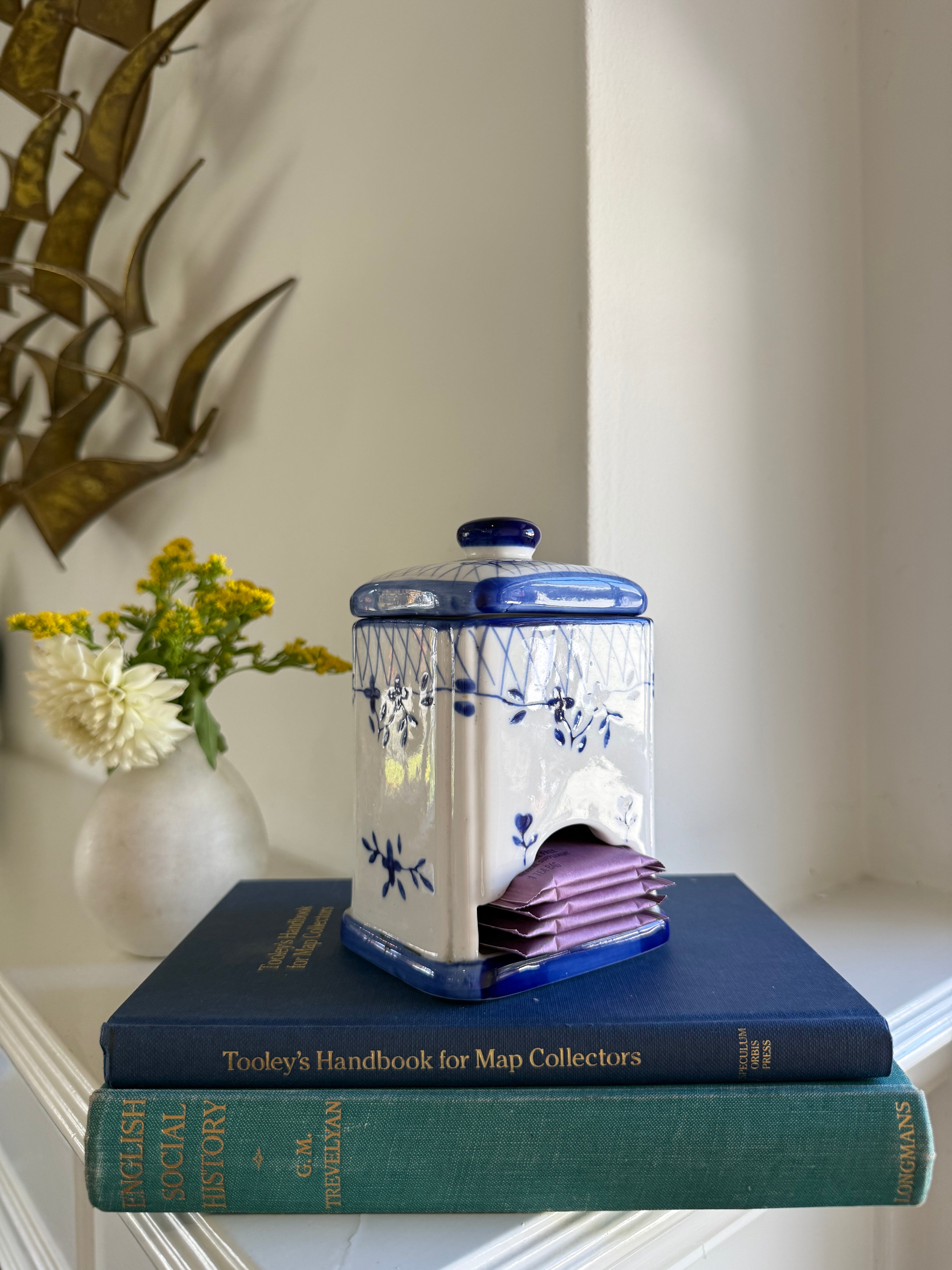 Vintage Blue & White Ceramic Tea Bag Dispenser