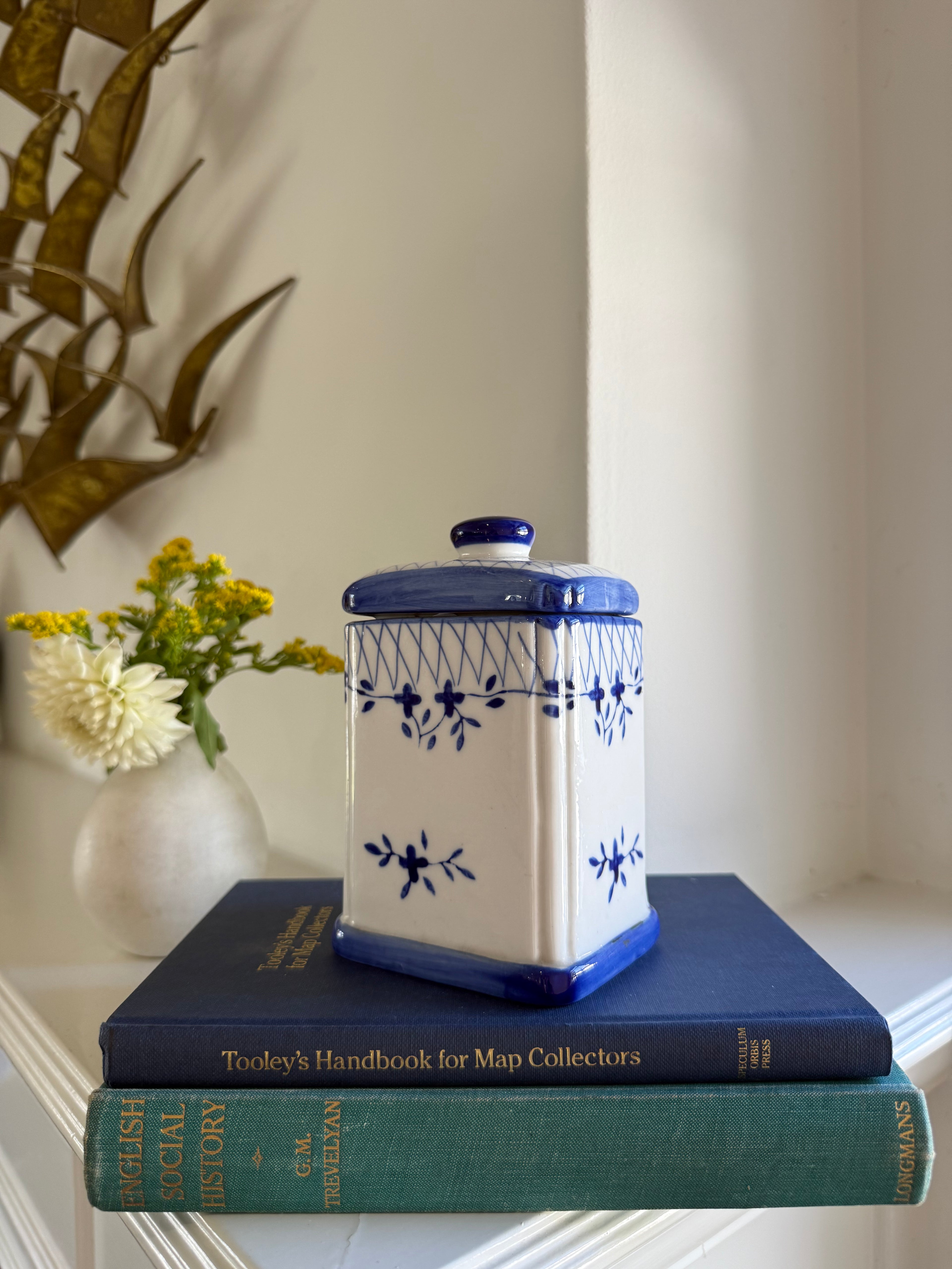 Vintage Blue & White Ceramic Tea Bag Dispenser