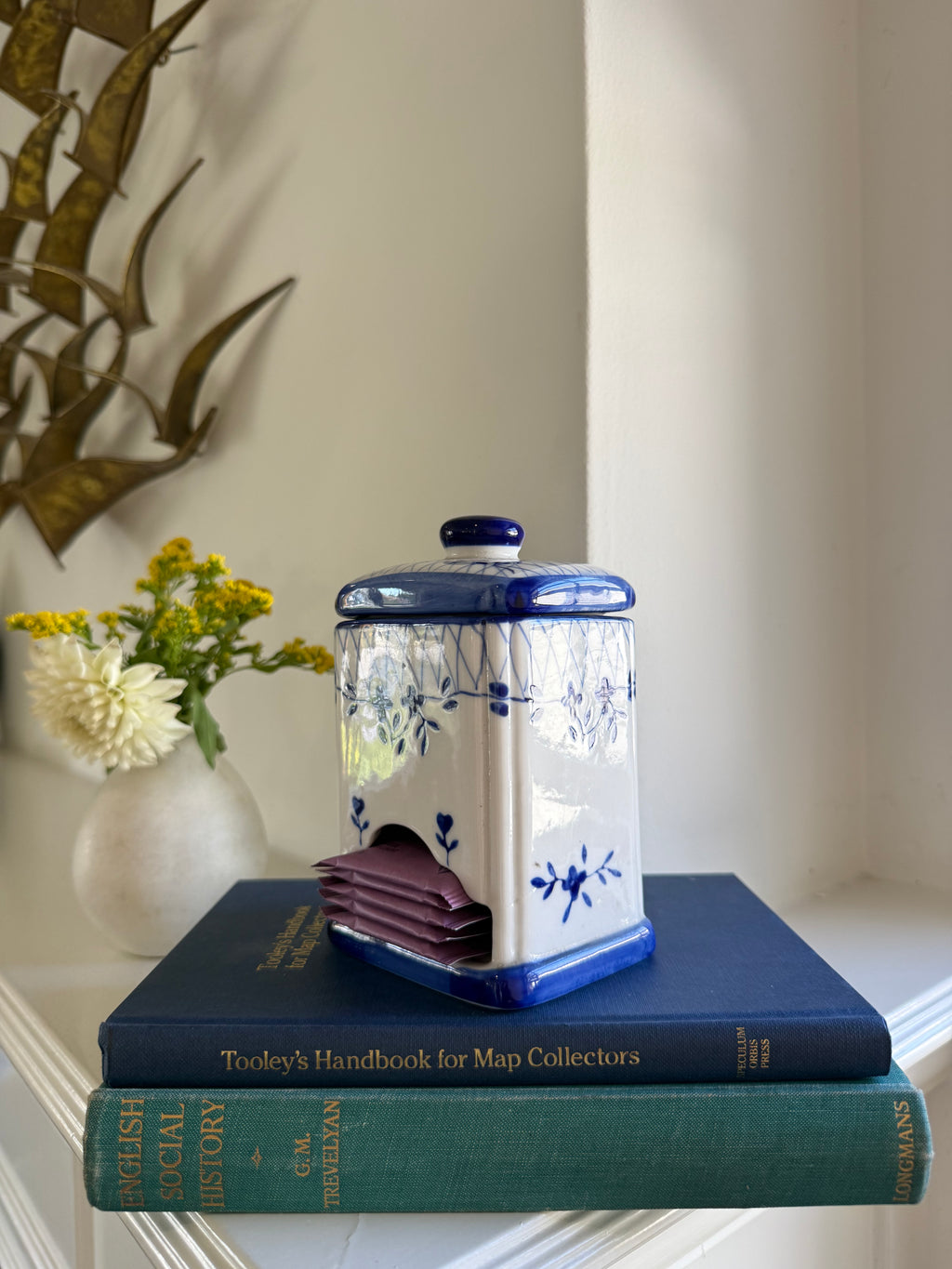 Vintage Blue & White Ceramic Tea Bag Dispenser