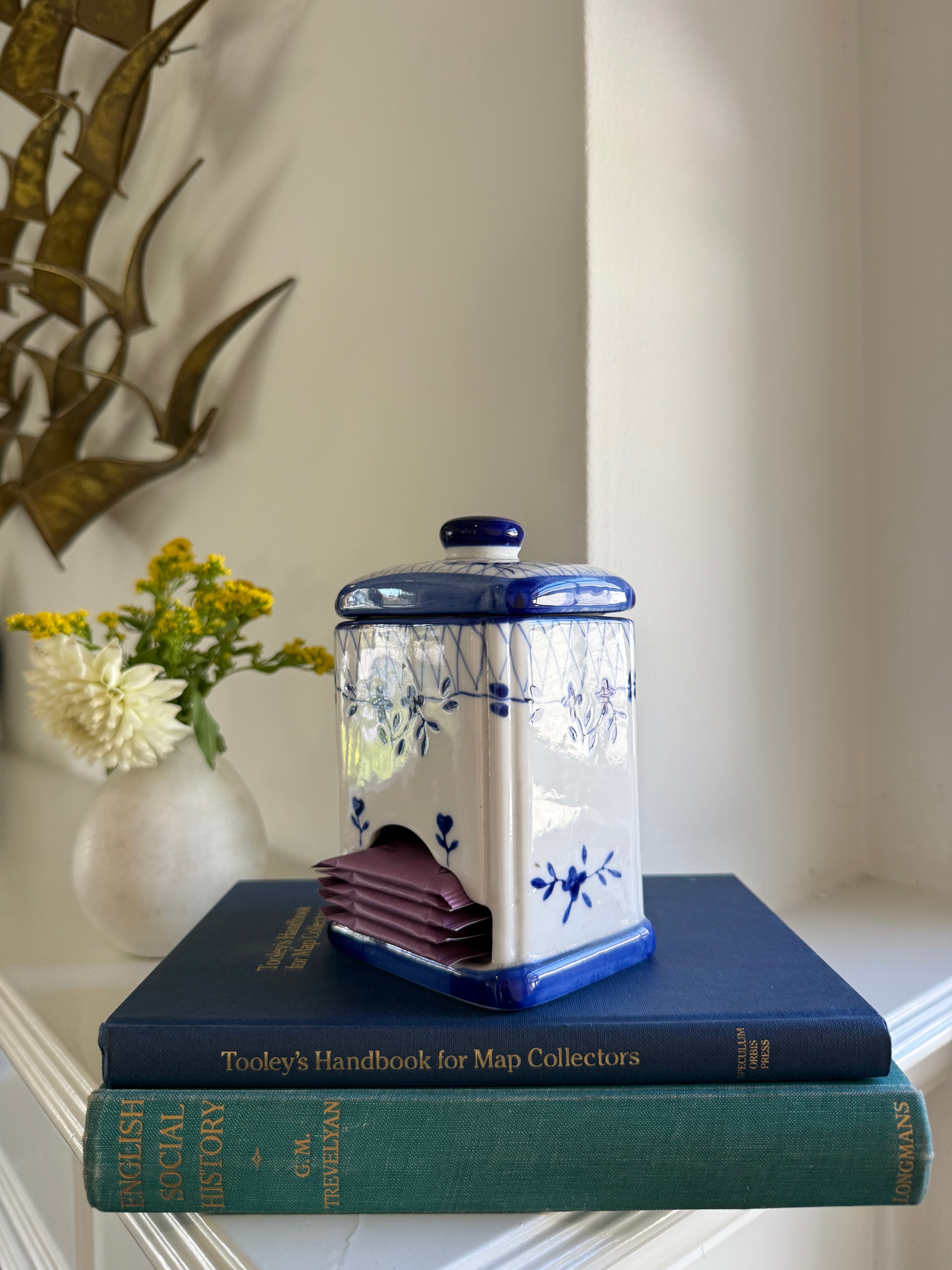 Vintage Blue & White Ceramic Tea Bag Dispenser