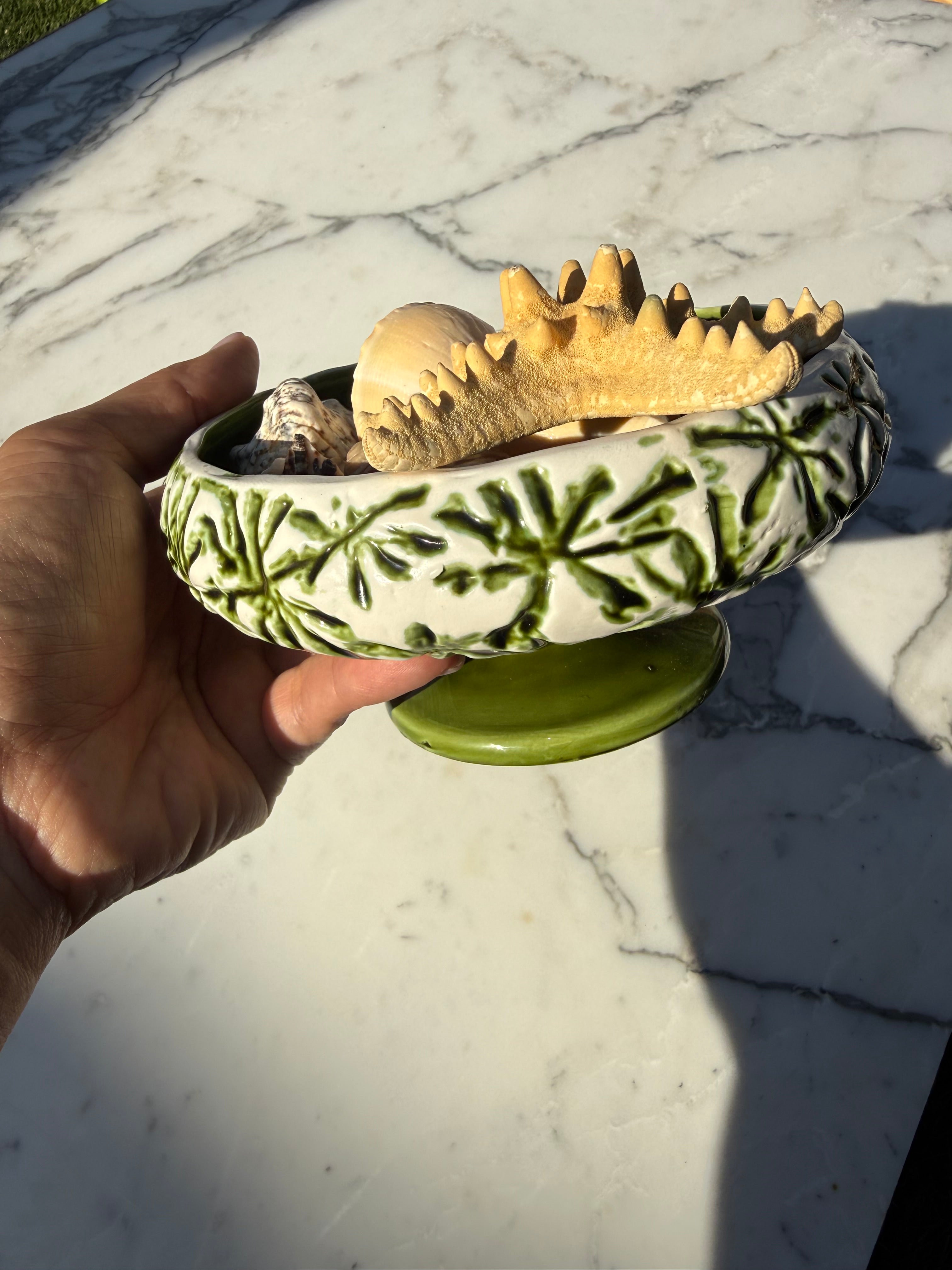 MCM Inarco Ceramic Footed Compote Bowl - Green Starburst Pattern, Japan E-2391